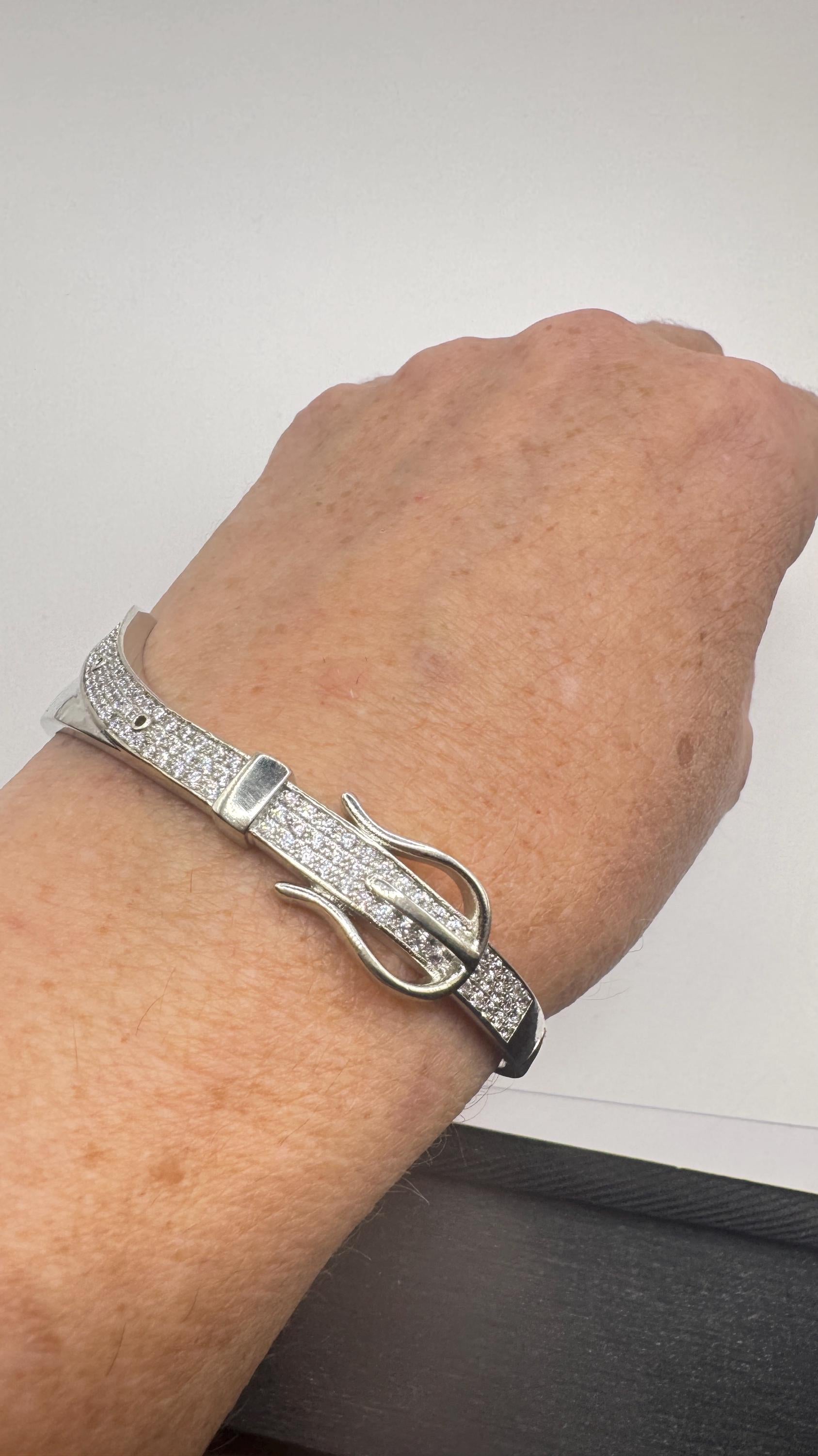 Vintage Buckle Bangle Bracelet 9k White Gold filled Crystal
