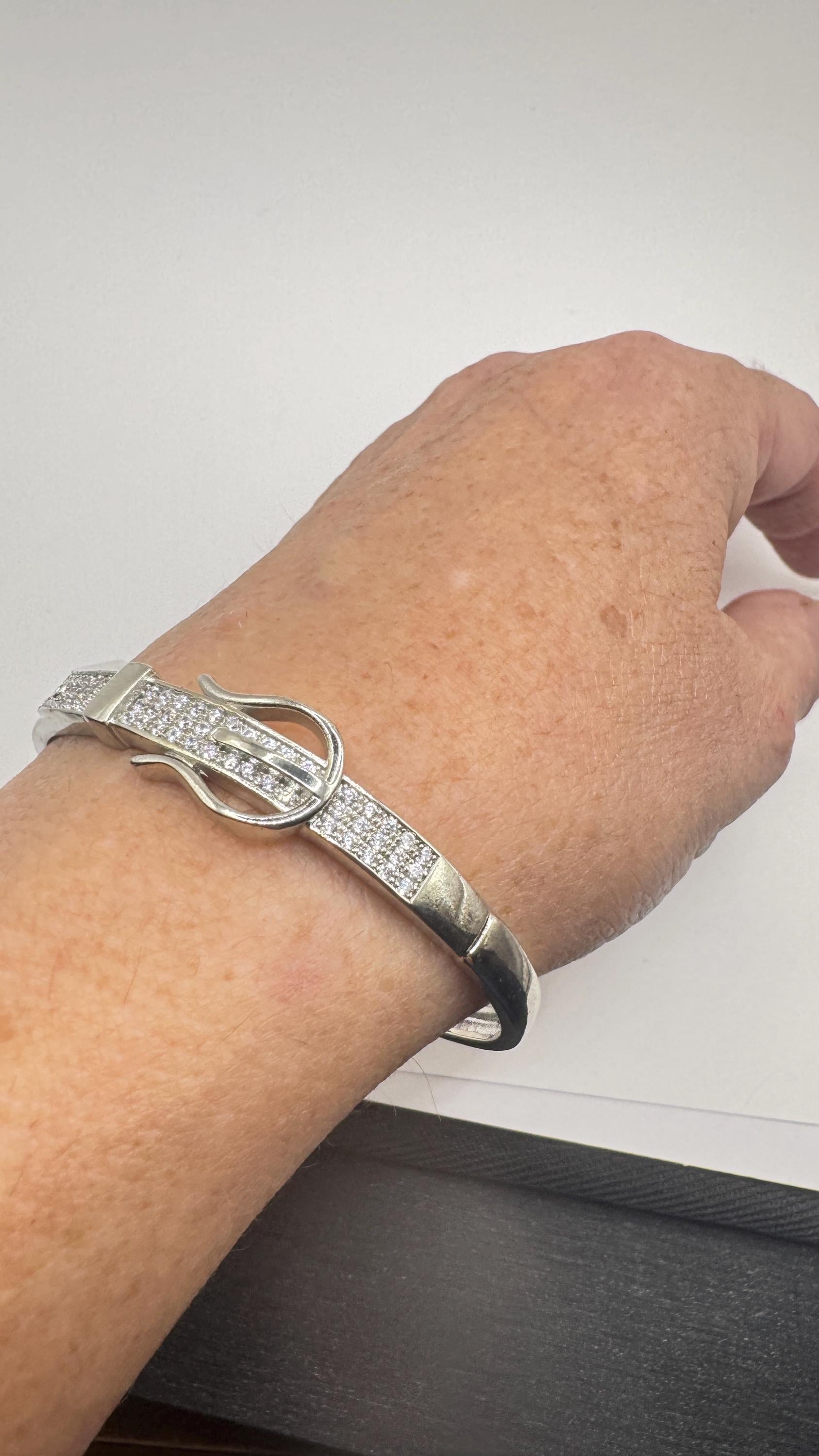 Vintage Buckle Bangle Bracelet 9k White Gold filled Crystal