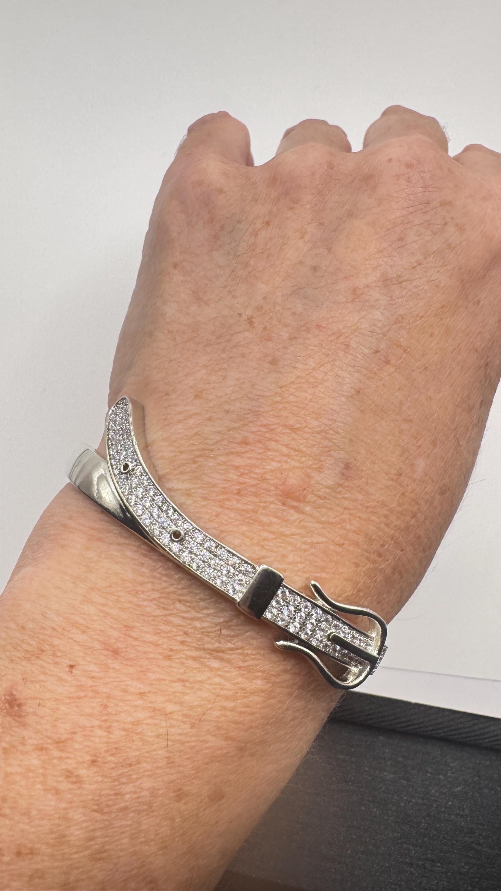 Vintage Buckle Bangle Bracelet 9k White Gold filled Crystal