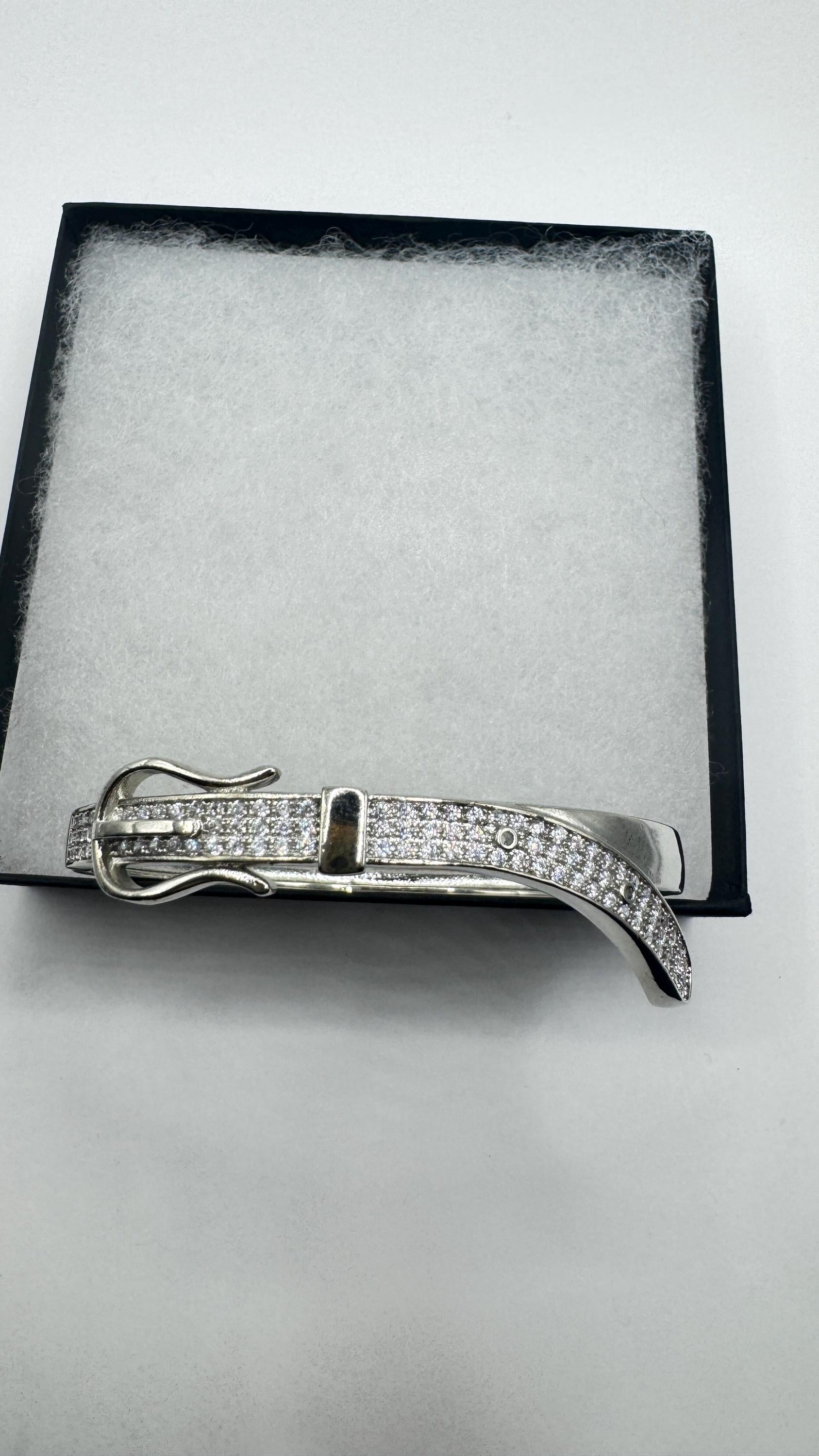 Vintage Buckle Bangle Bracelet 9k White Gold filled Crystal