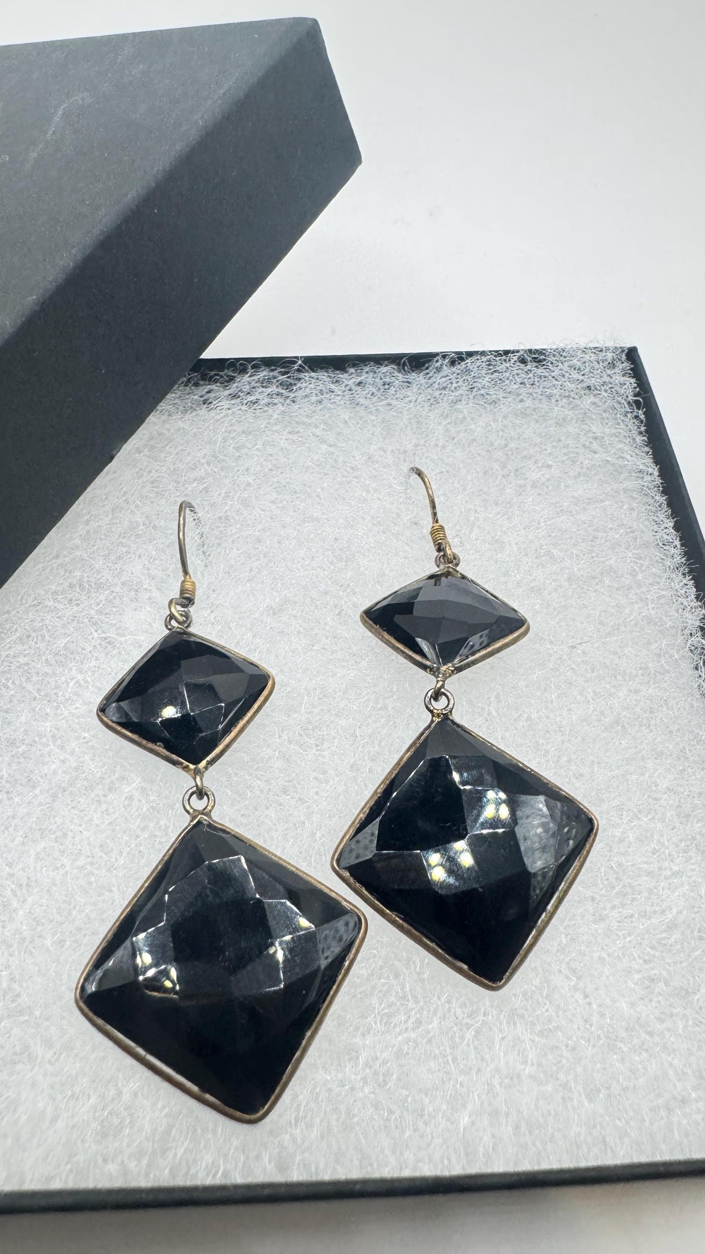 Vintage Black Earring Onyx 925 Sterling Silver Deco Dangle Chandelier