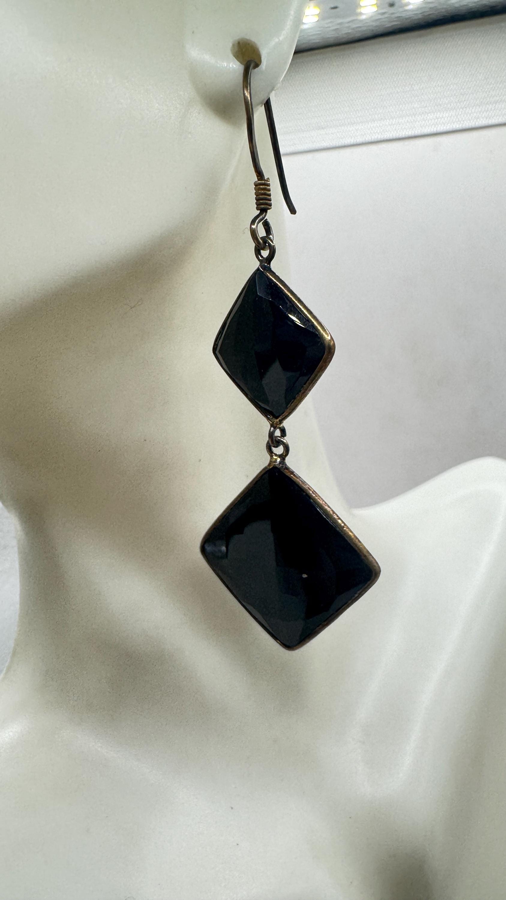 Vintage Black Earring Onyx 925 Sterling Silver Deco Dangle Chandelier