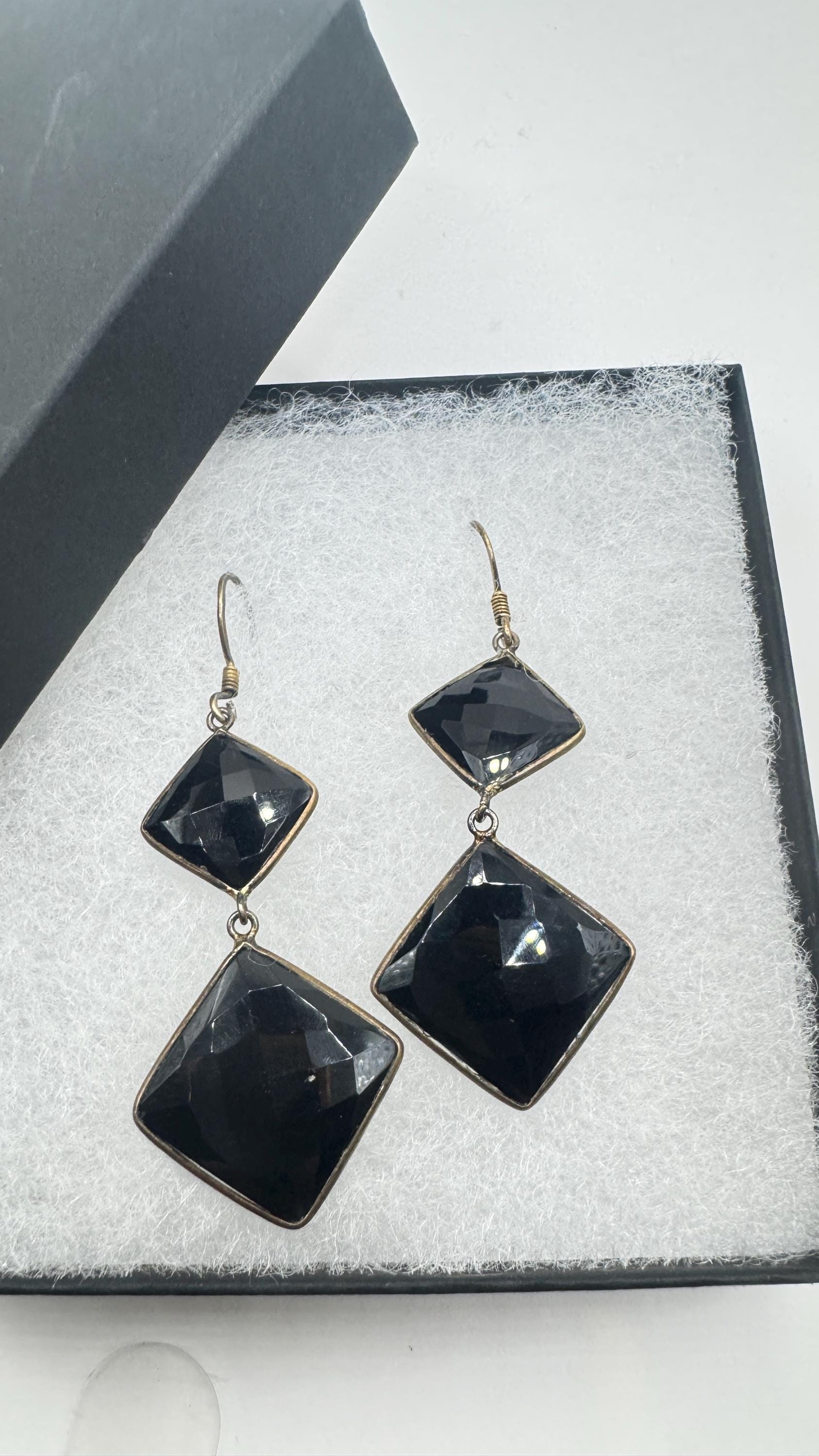 Vintage Black Earring Onyx 925 Sterling Silver Deco Dangle Chandelier