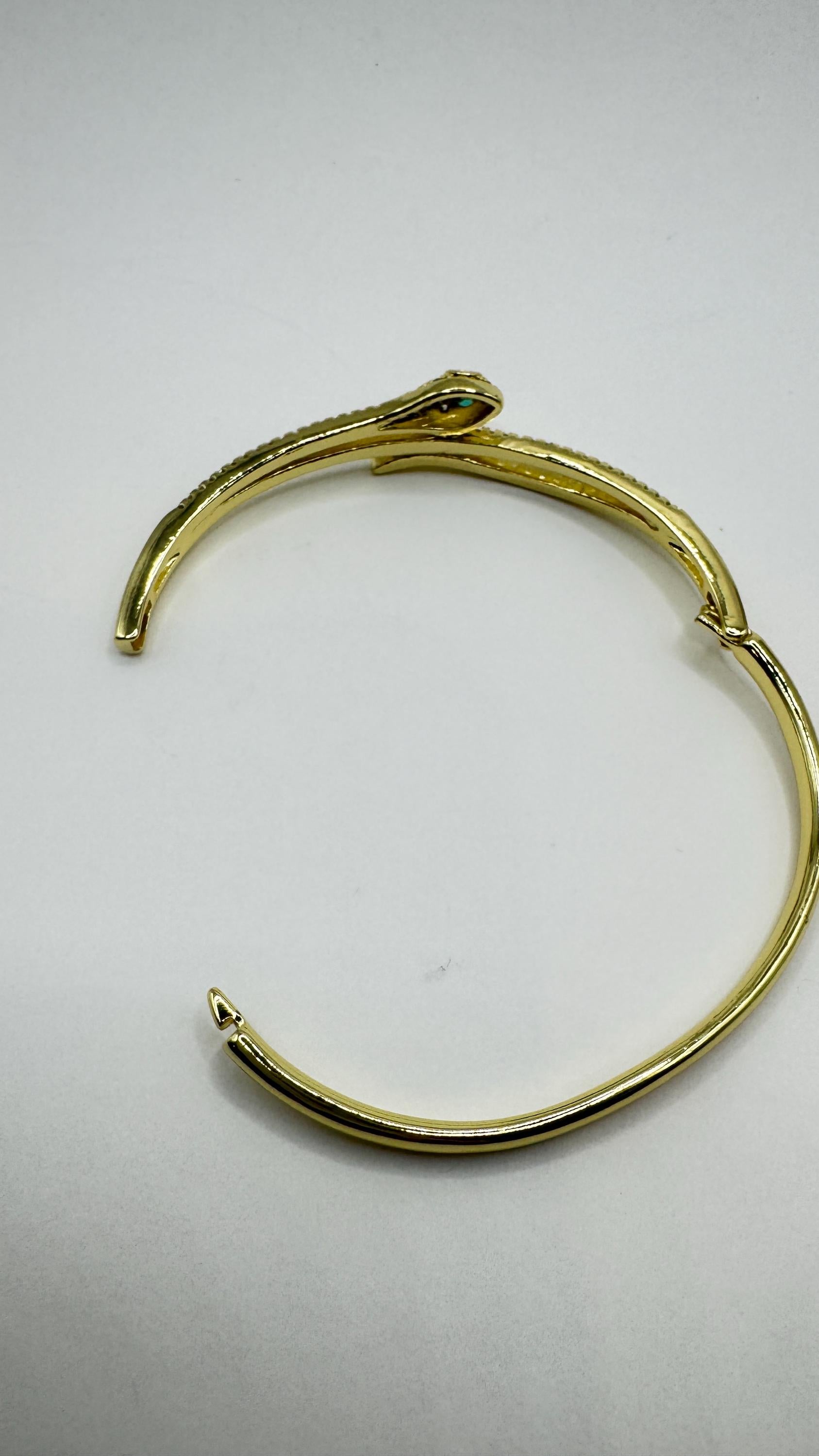 Vintage Snake Bangle Bracelet Gold filled Green Crystal Eyes