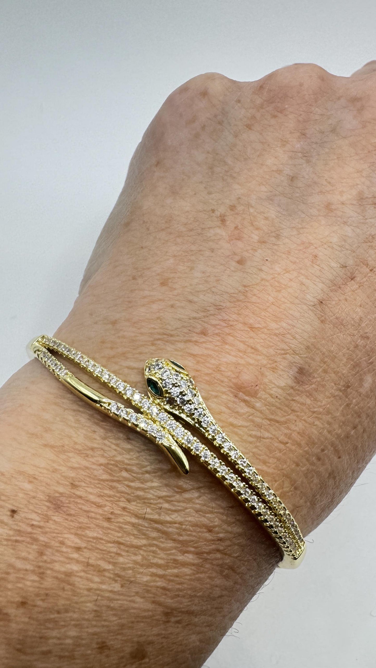 Vintage Snake Bangle Bracelet Gold filled Green Crystal Eyes
