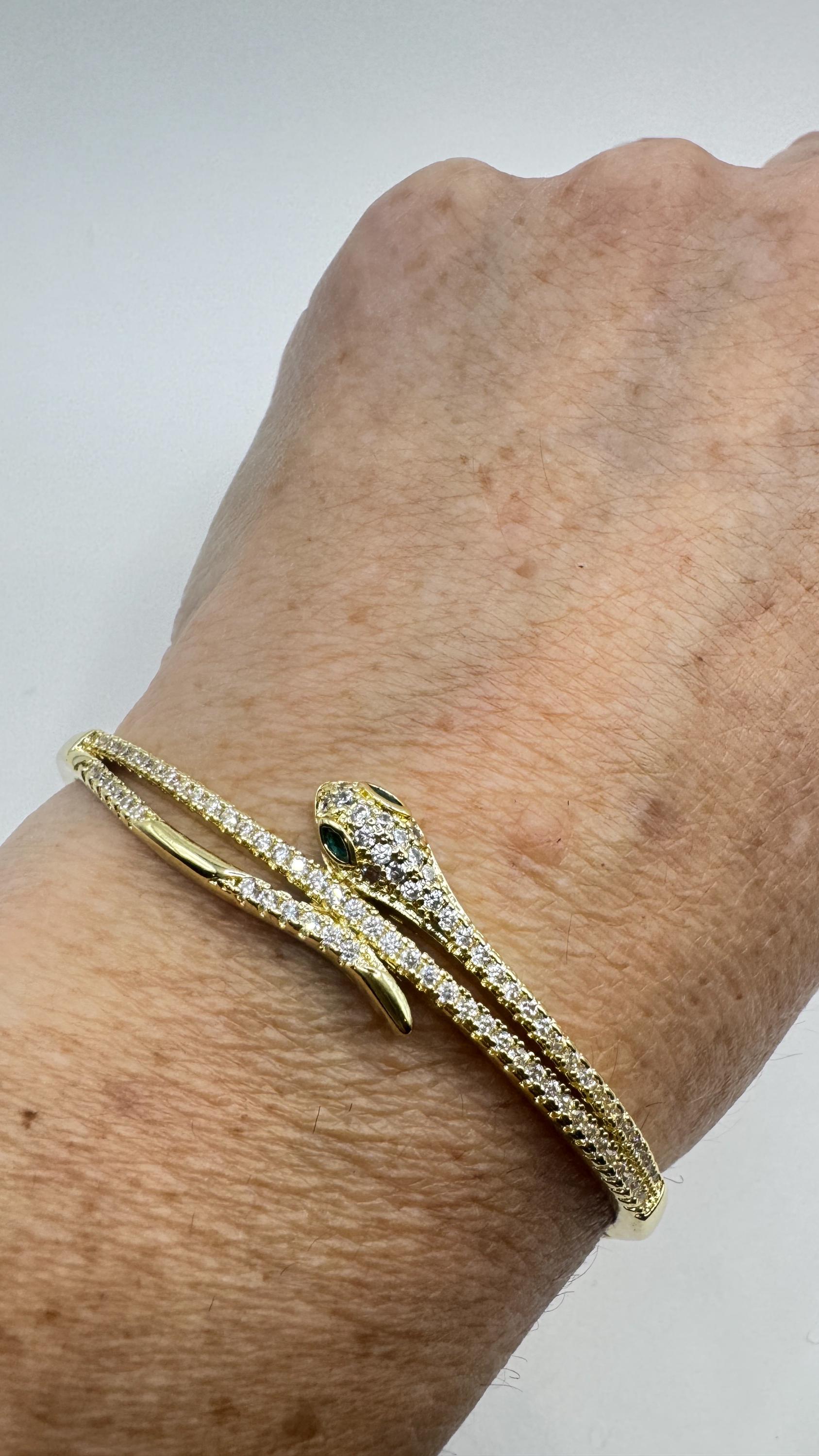 Vintage Snake Bangle Bracelet Gold filled Green Crystal Eyes