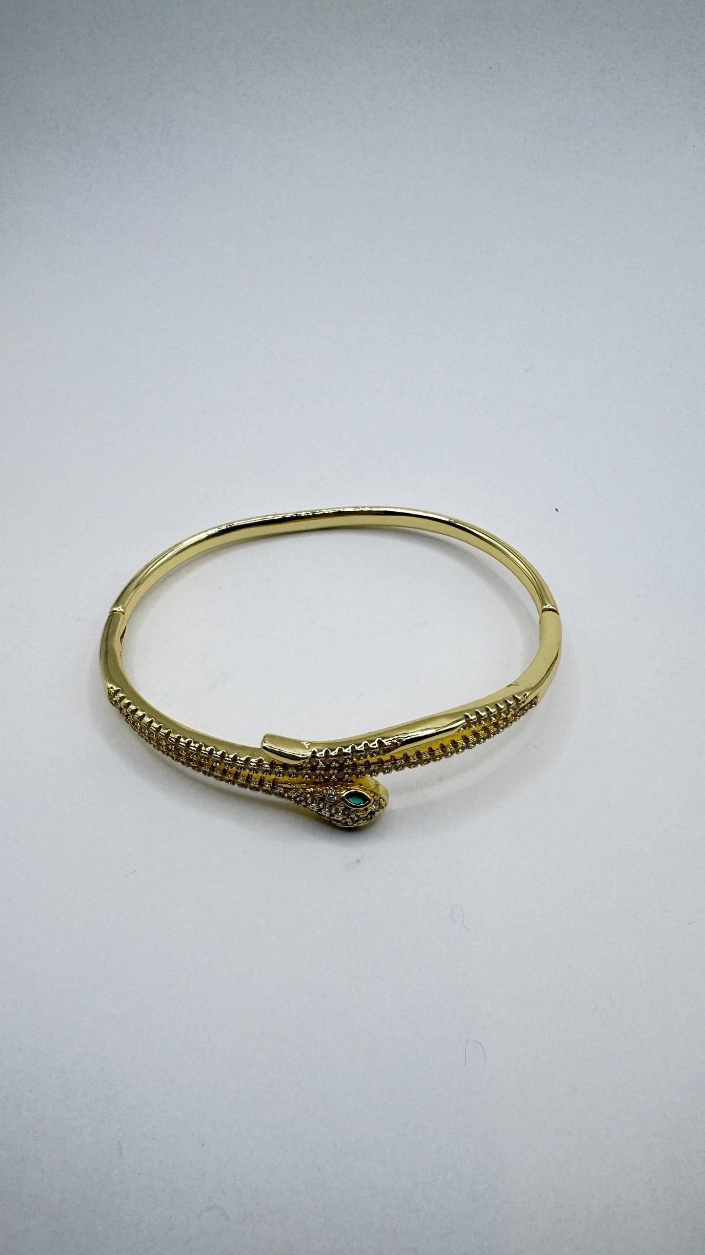 Vintage Snake Bangle Bracelet Gold filled Green Crystal Eyes