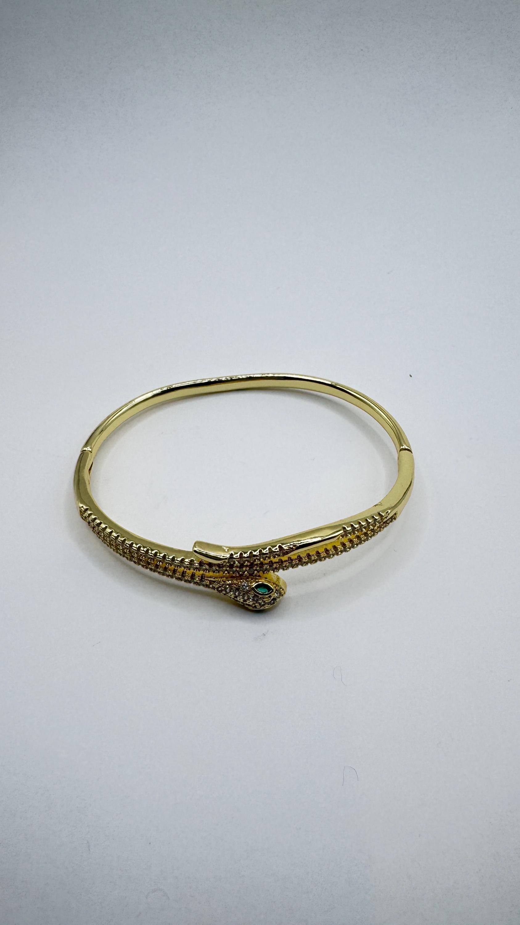 Vintage Snake Bangle Bracelet Gold filled Green Crystal Eyes