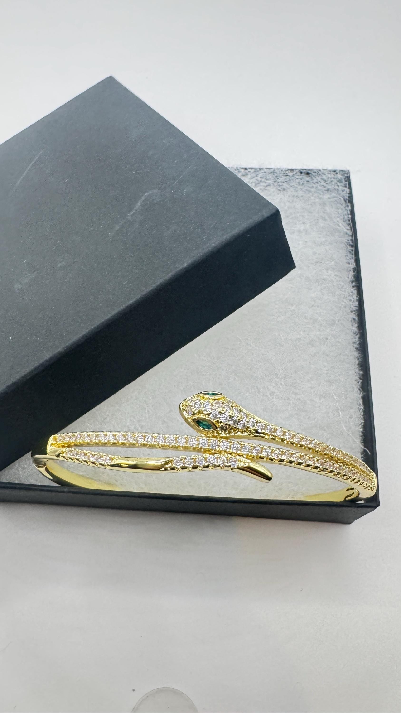 Vintage Snake Bangle Bracelet Gold filled Green Crystal Eyes