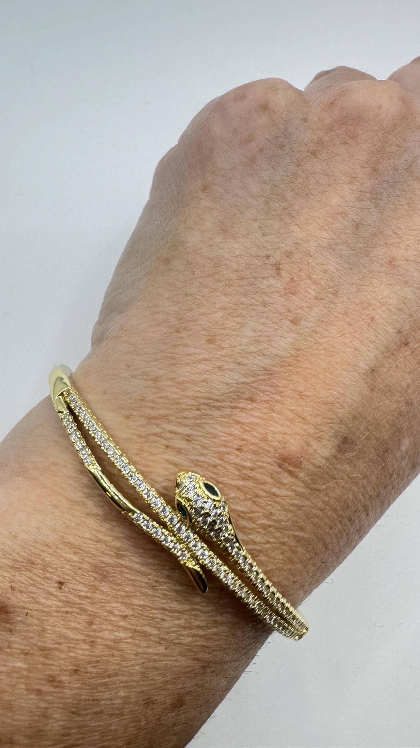 Vintage Snake Bangle Bracelet Gold filled Green Crystal Eyes