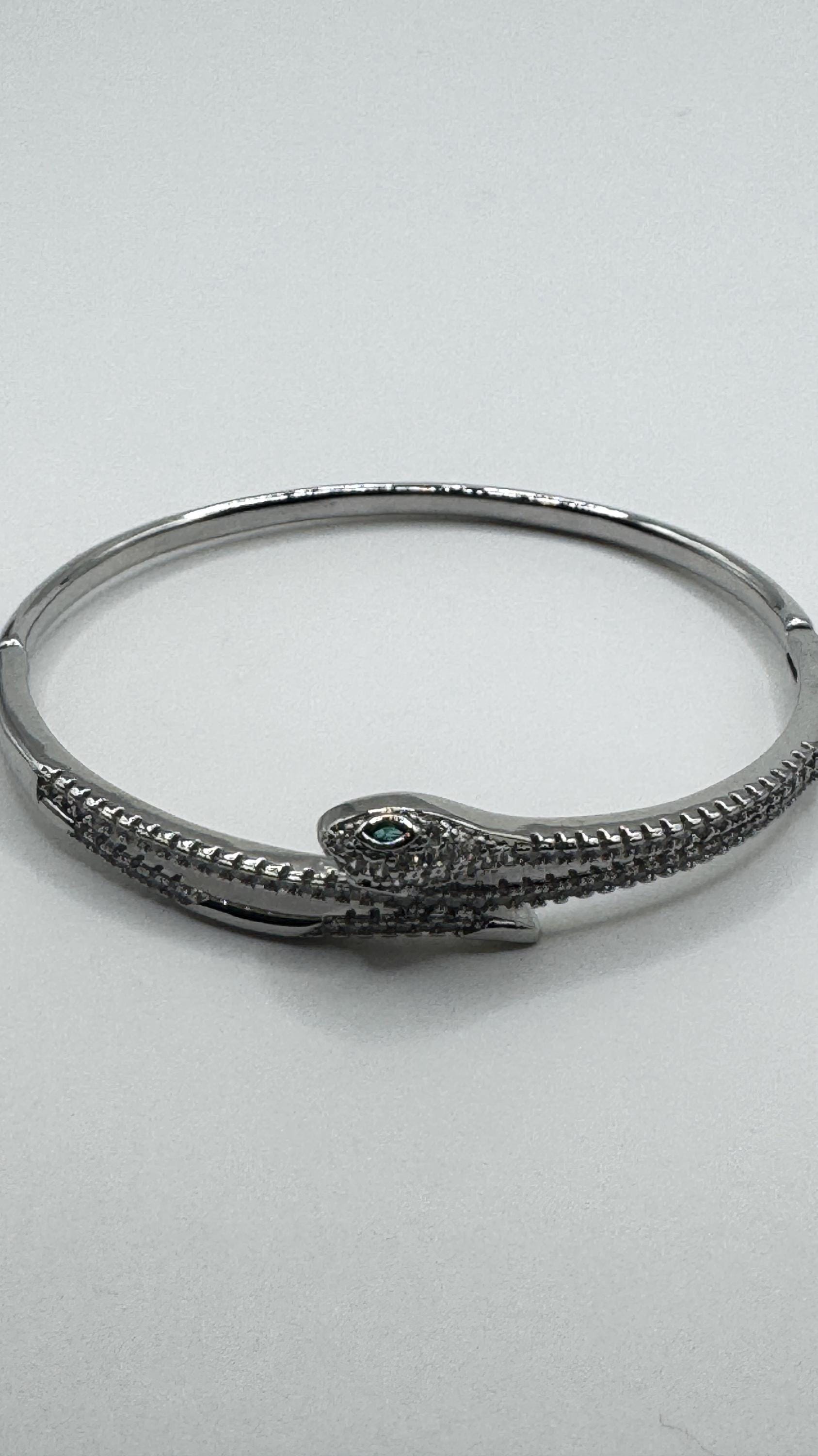 Vintage Snake Bangle Bracelet Gold filled Green Crystal Eyes