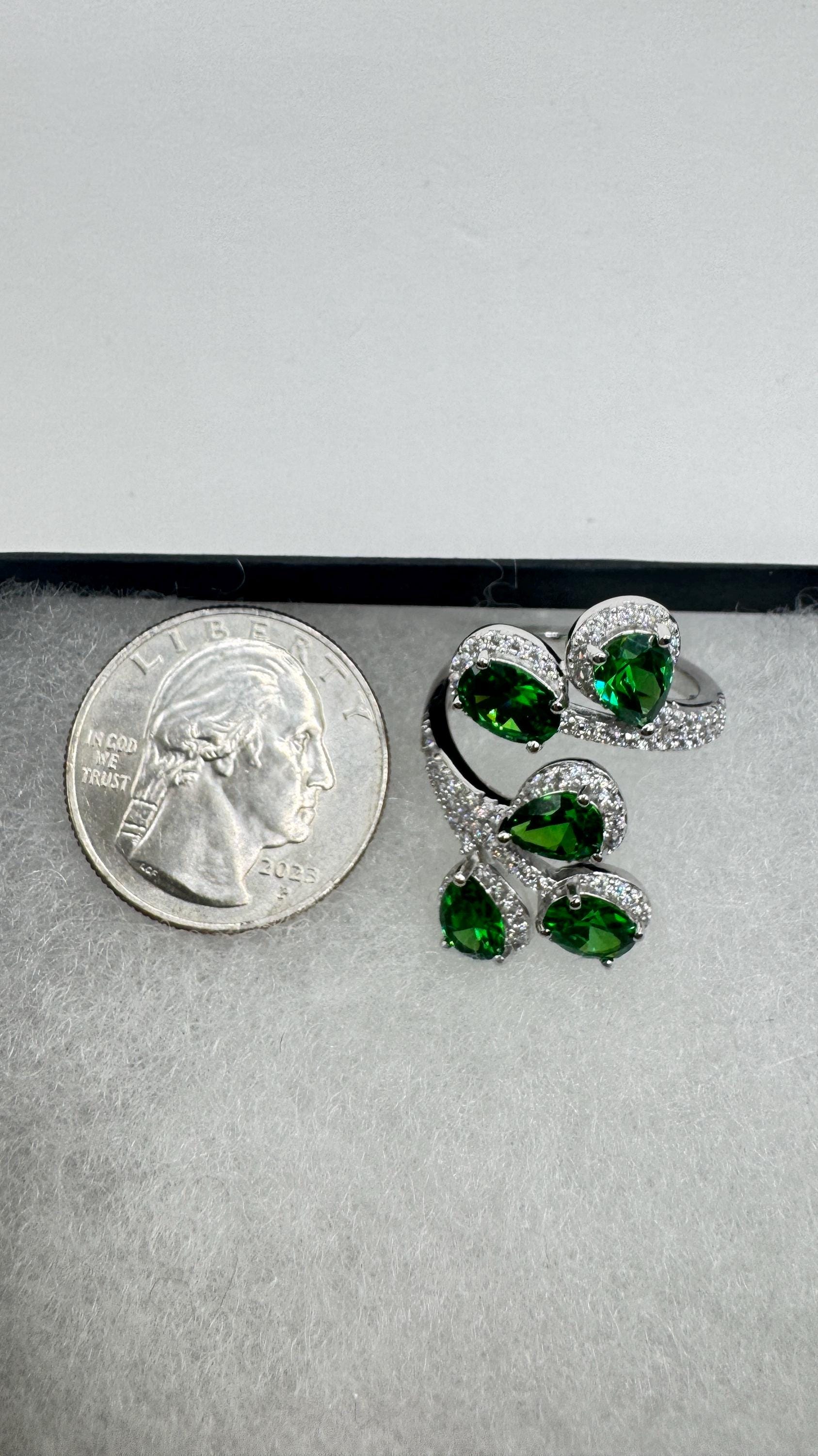 Vintage Green Cubic Zirconia Crystal 925 Sterling Silver Ring Adjustable