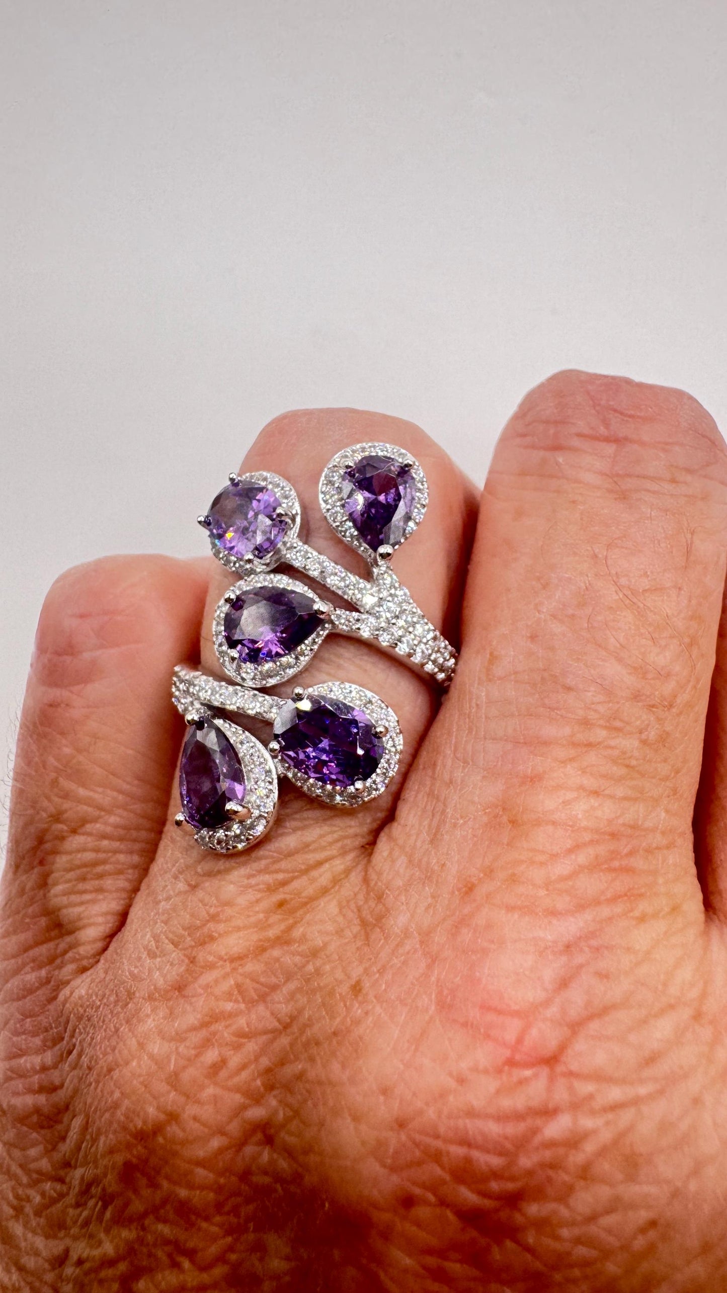 Vintage Purple Amethyst Cubic Zirconia Crystal 925 Sterling Silver Ring Adjustable