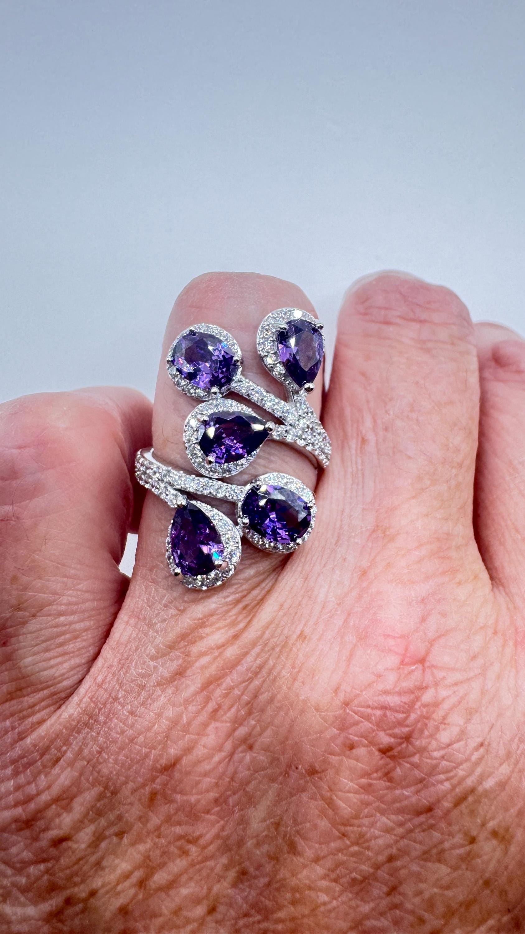 Vintage Purple Amethyst Cubic Zirconia Crystal 925 Sterling Silver Ring Adjustable