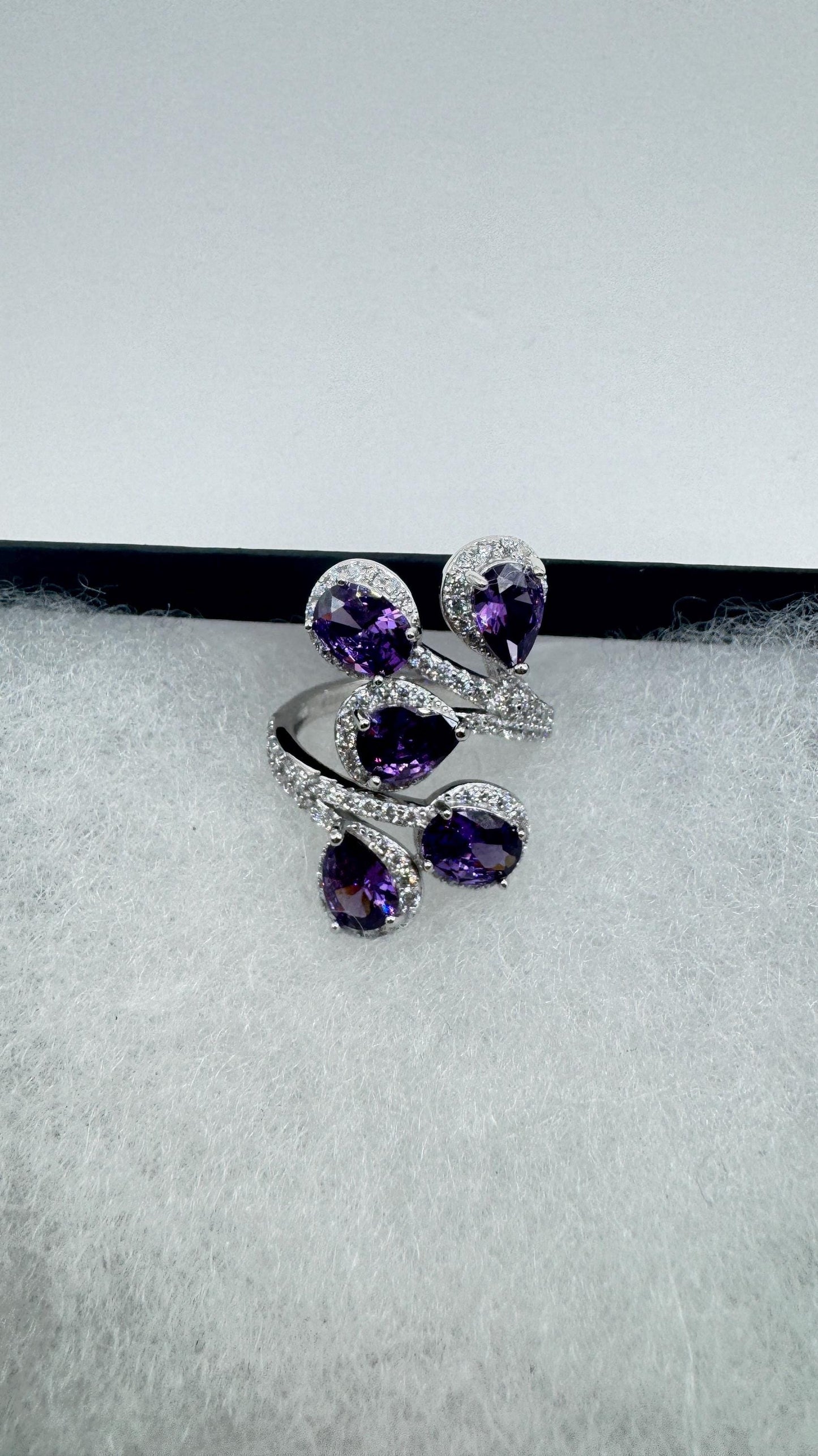 Vintage Purple Amethyst Cubic Zirconia Crystal 925 Sterling Silver Ring Adjustable