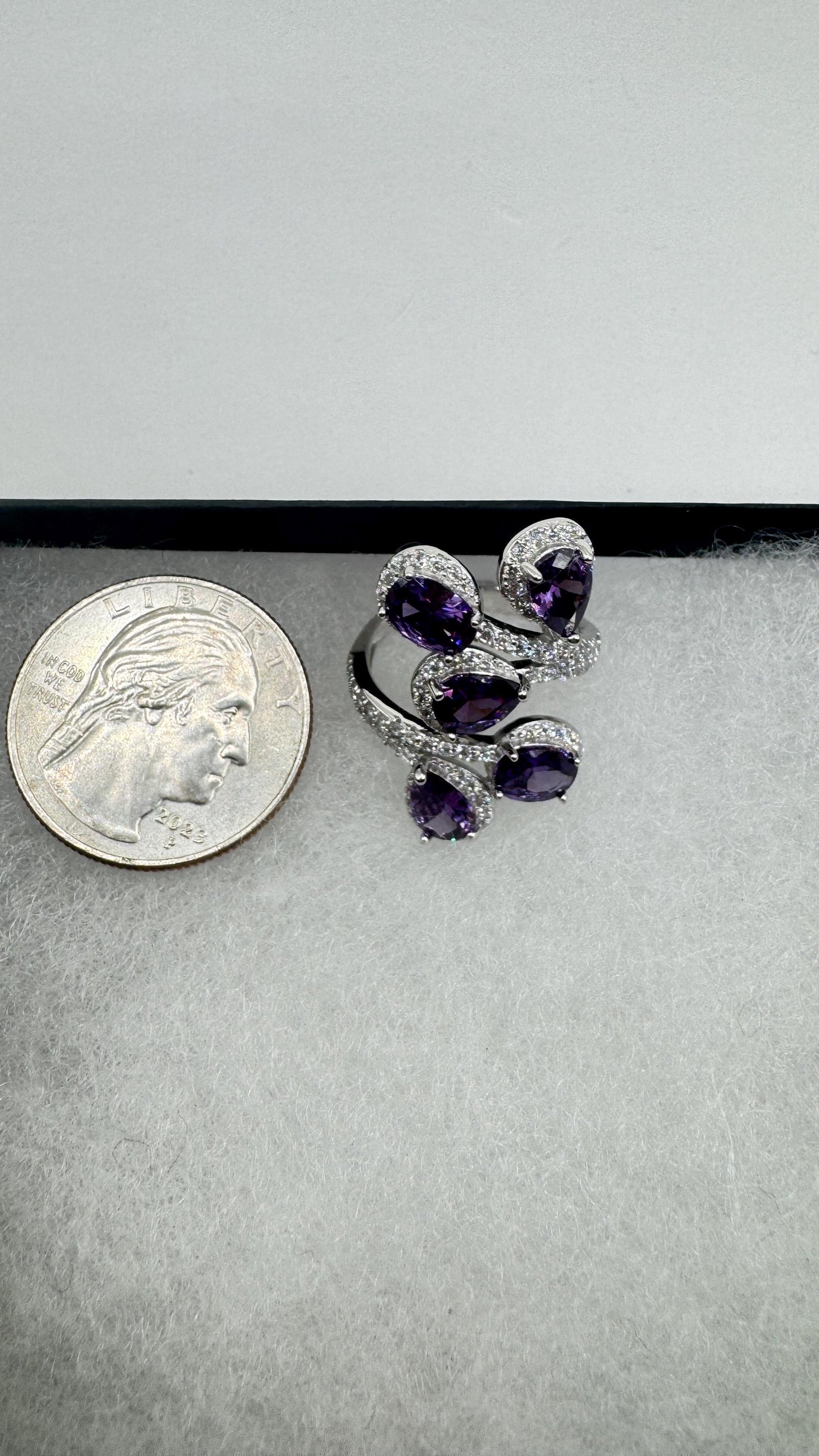 Vintage Purple Amethyst Cubic Zirconia Crystal 925 Sterling Silver Ring Adjustable