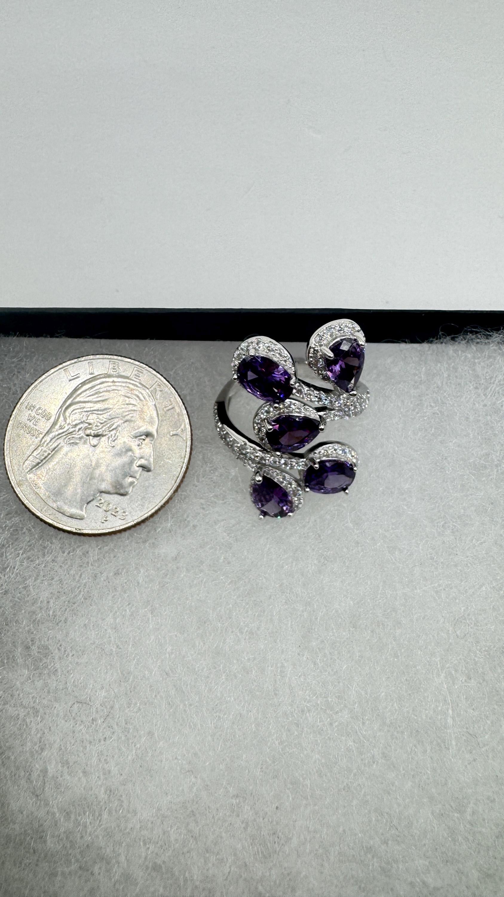 Vintage Purple Amethyst Cubic Zirconia Crystal 925 Sterling Silver Ring Adjustable