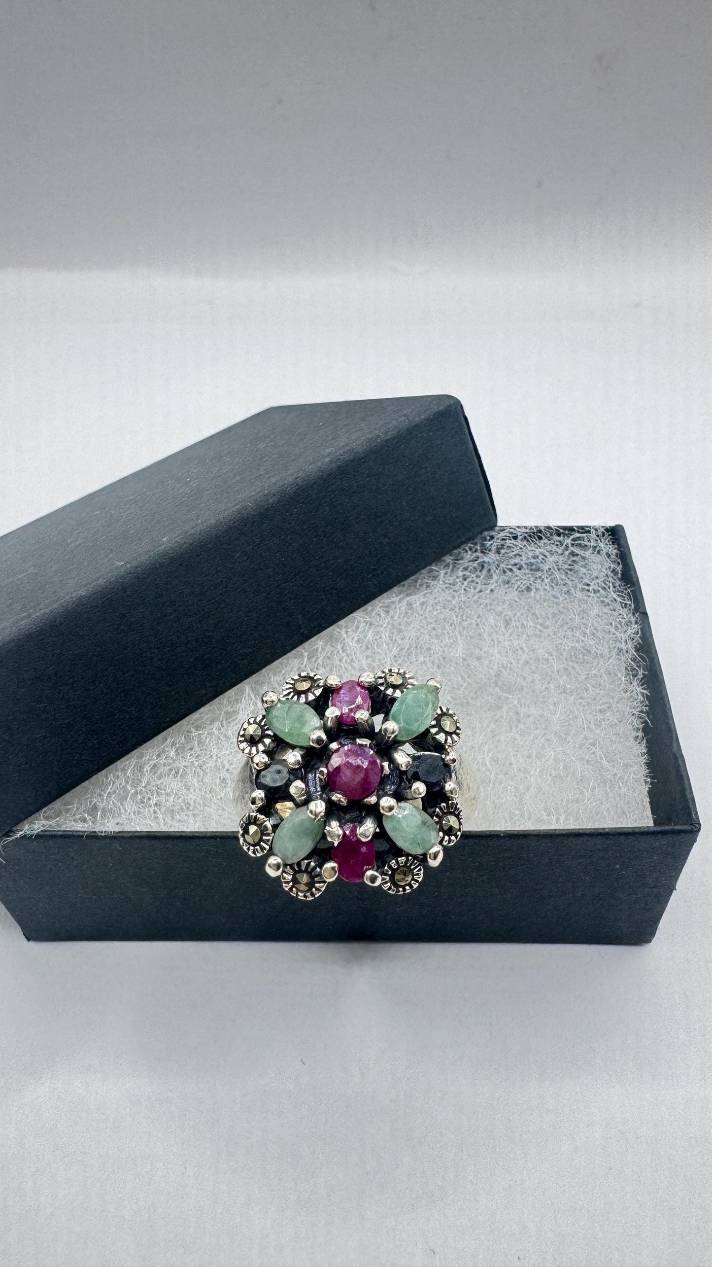 Vintage Green Emerald Ruby Sapphire Marcasite 925 Sterling Silver Cocktail Ring