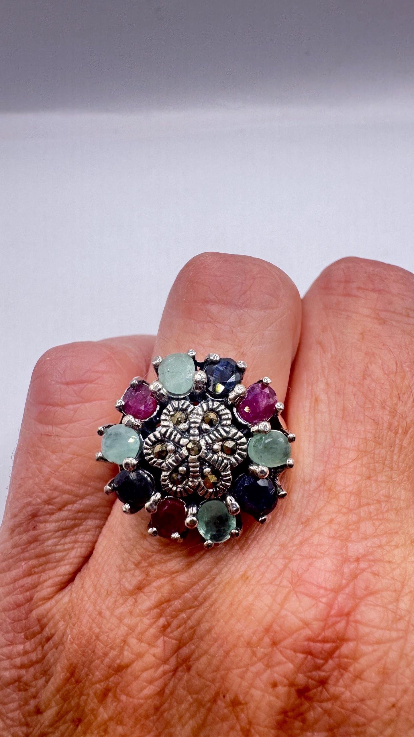 Vintage Green Emerald Ruby Sapphire Marcasite 925 Sterling Silver Cocktail Ring