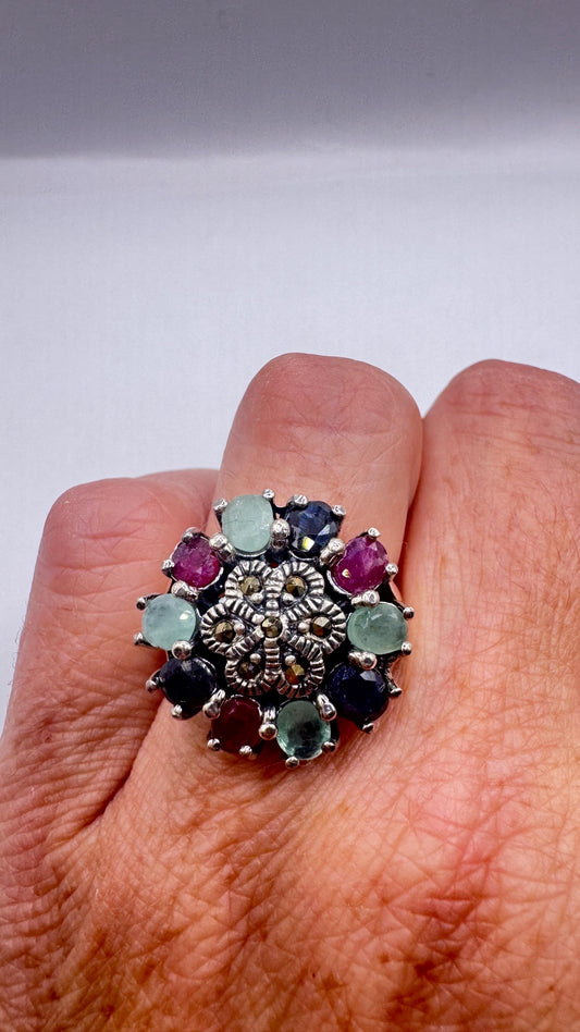 Vintage Green Emerald Ruby Sapphire Marcasite 925 Sterling Silver Cocktail Ring
