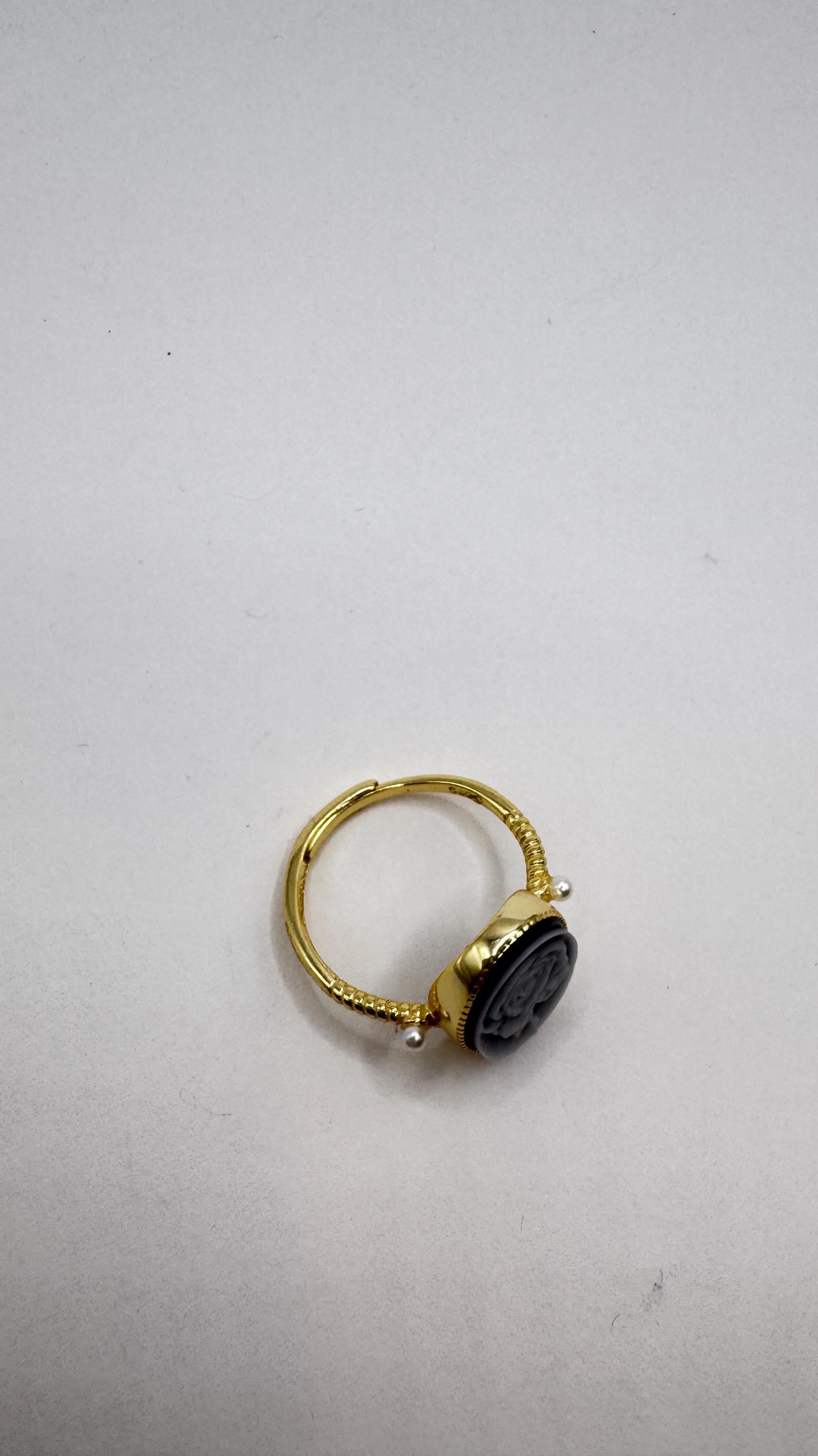 Vintage Black Onyx Rose Cameo Gold 925 Sterling Silver Cocktail Ring