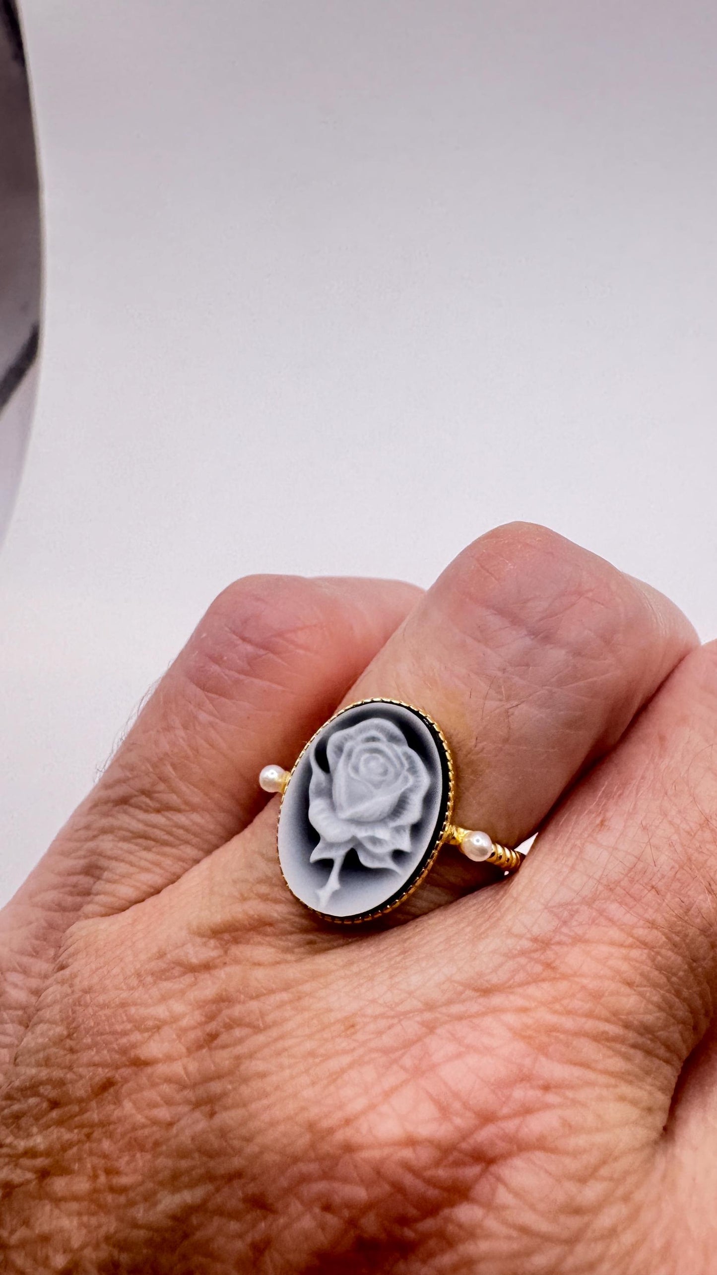 Vintage Black Onyx Rose Cameo Gold 925 Sterling Silver Cocktail Ring