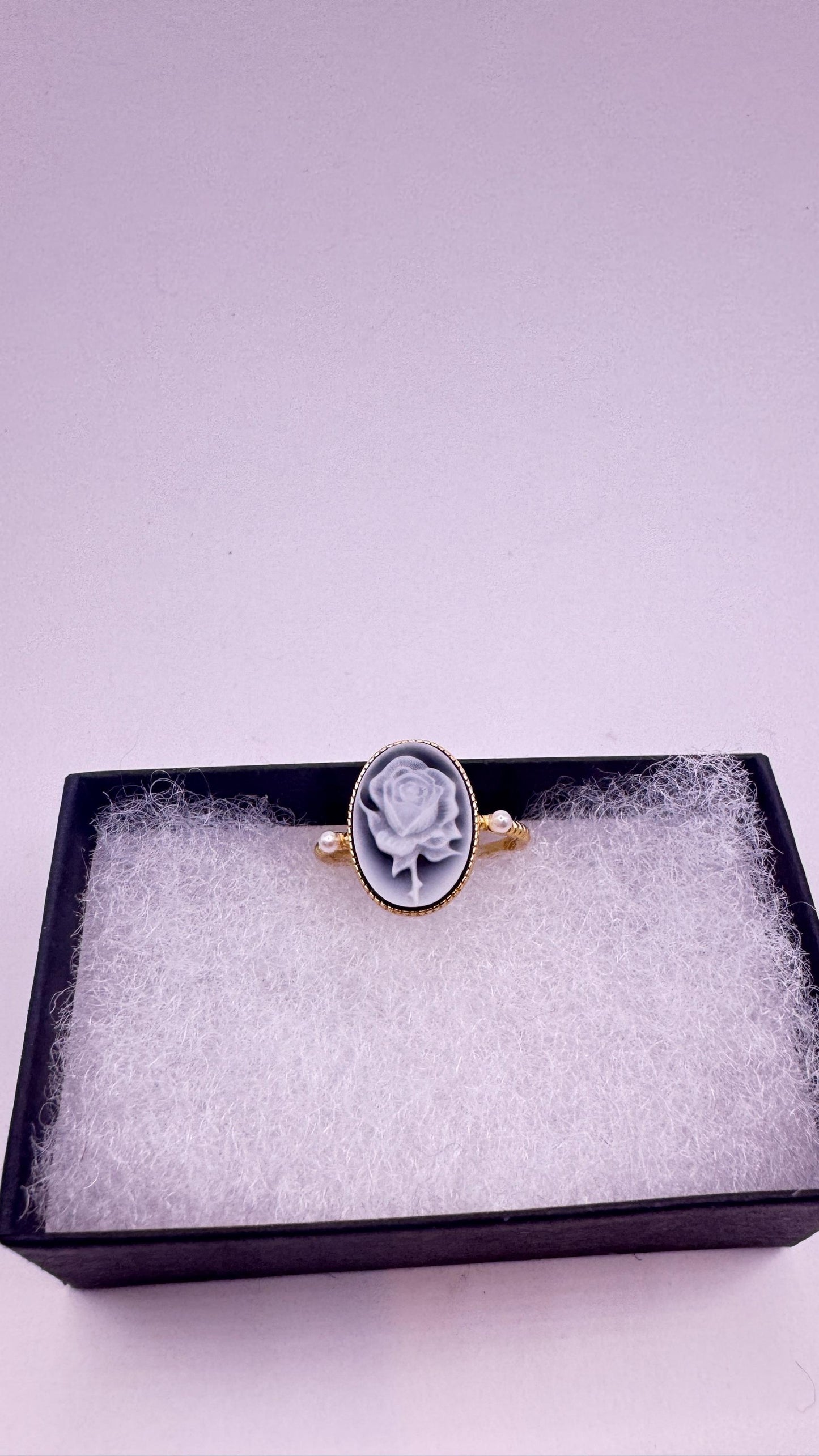 Vintage Black Onyx Rose Cameo Gold 925 Sterling Silver Cocktail Ring