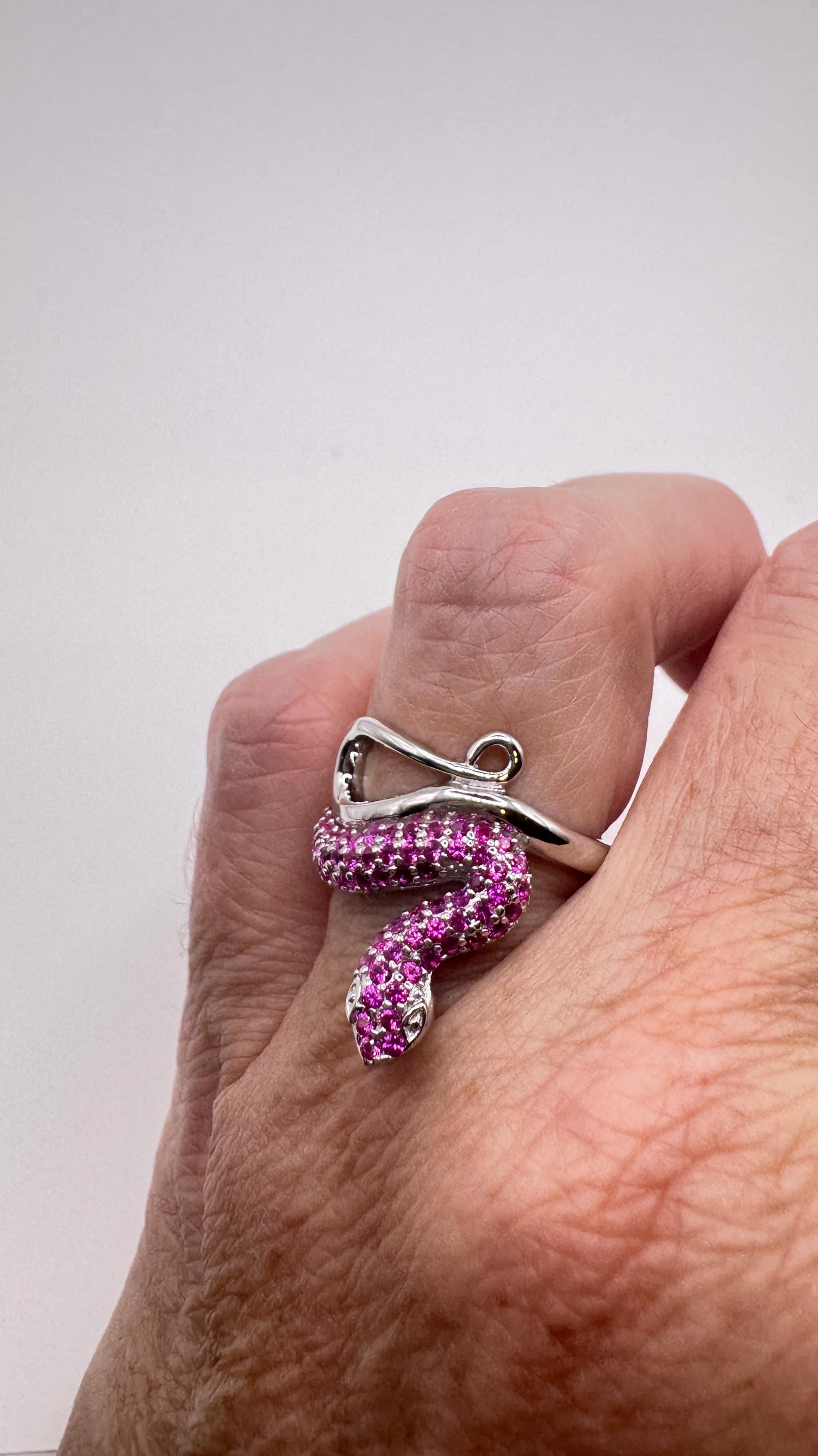 Vintage Pink Ruby Snake Ring 925 Sterling Silver