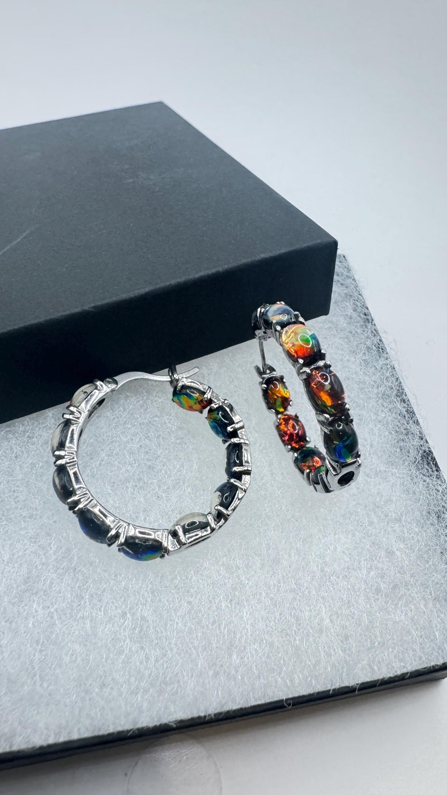 Vintage Black Opal Hoop Earrings 925 Sterling Silver dangle