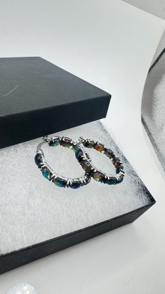 Vintage Black Opal Hoop Earrings 925 Sterling Silver dangle