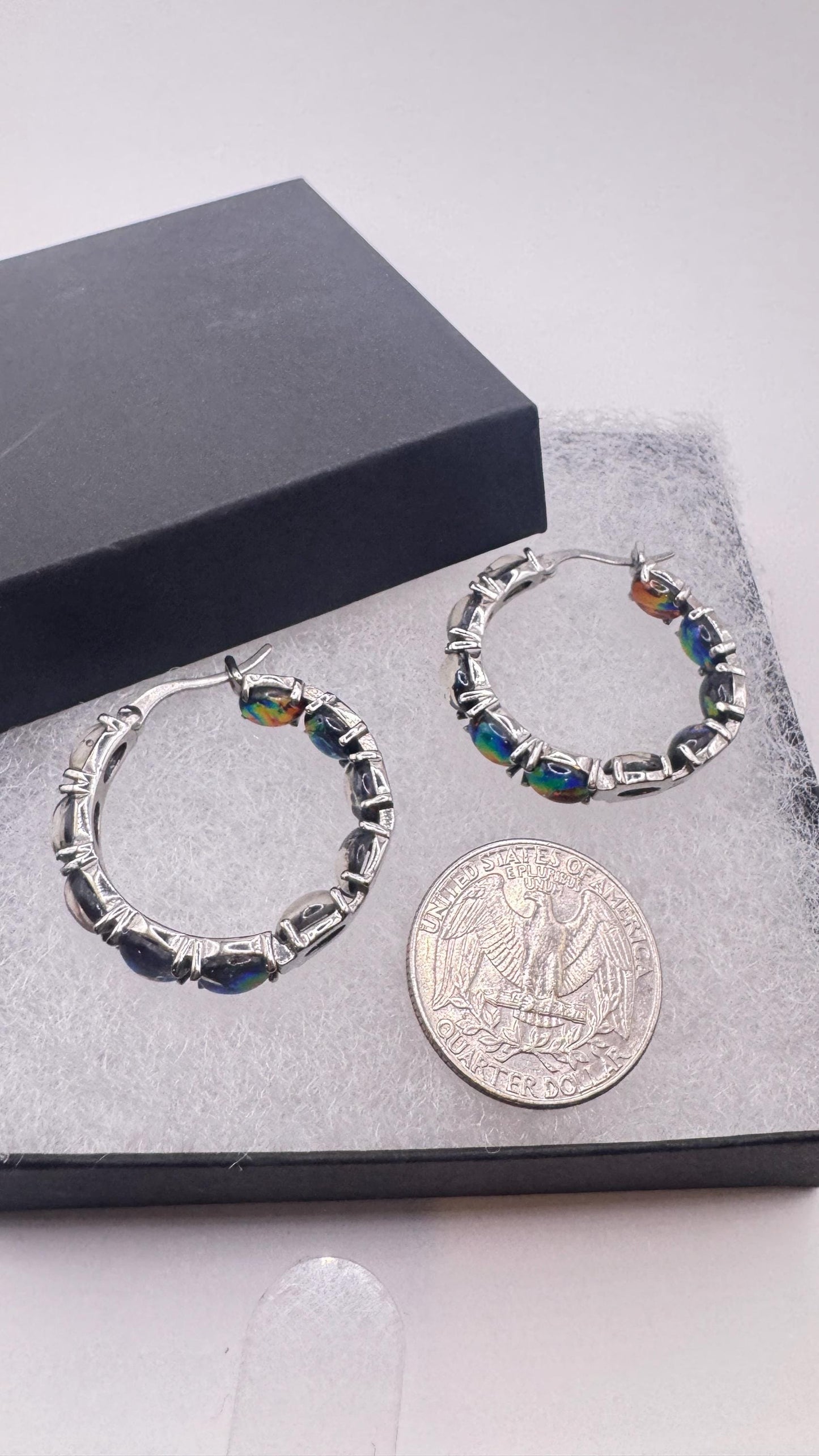 Vintage Black Opal Hoop Earrings 925 Sterling Silver dangle