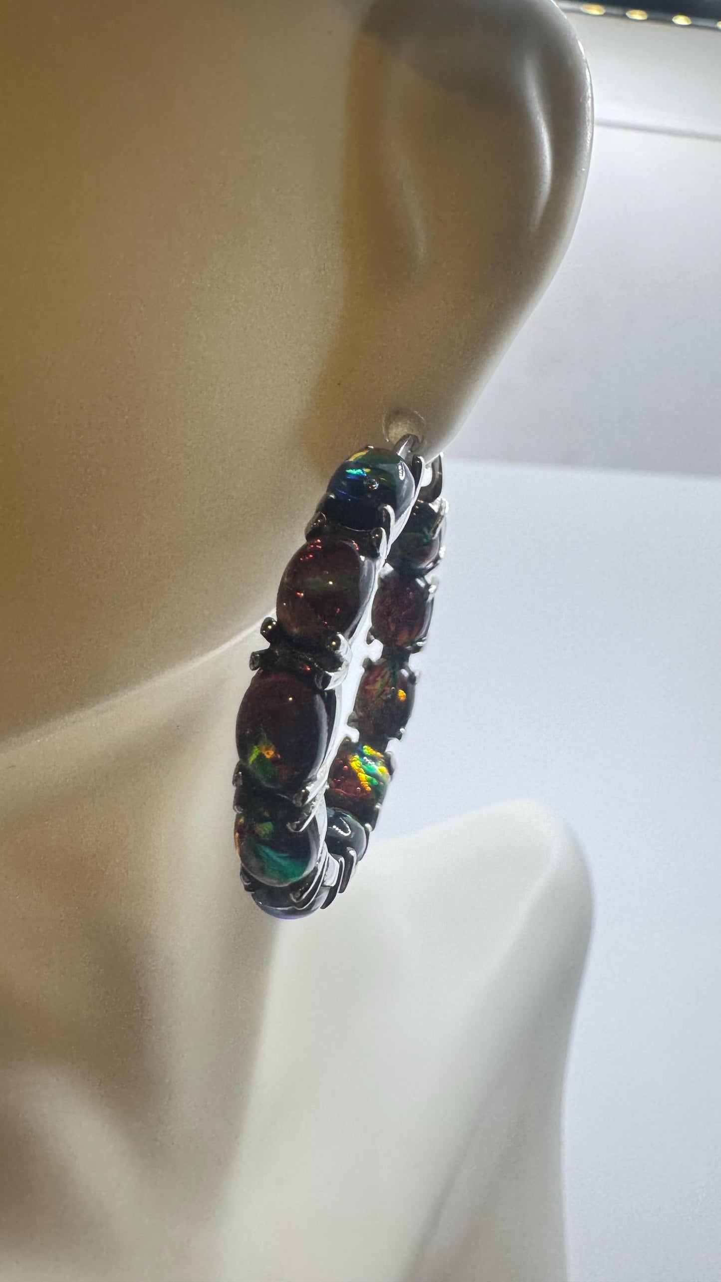Vintage Black Opal Hoop Earrings 925 Sterling Silver dangle