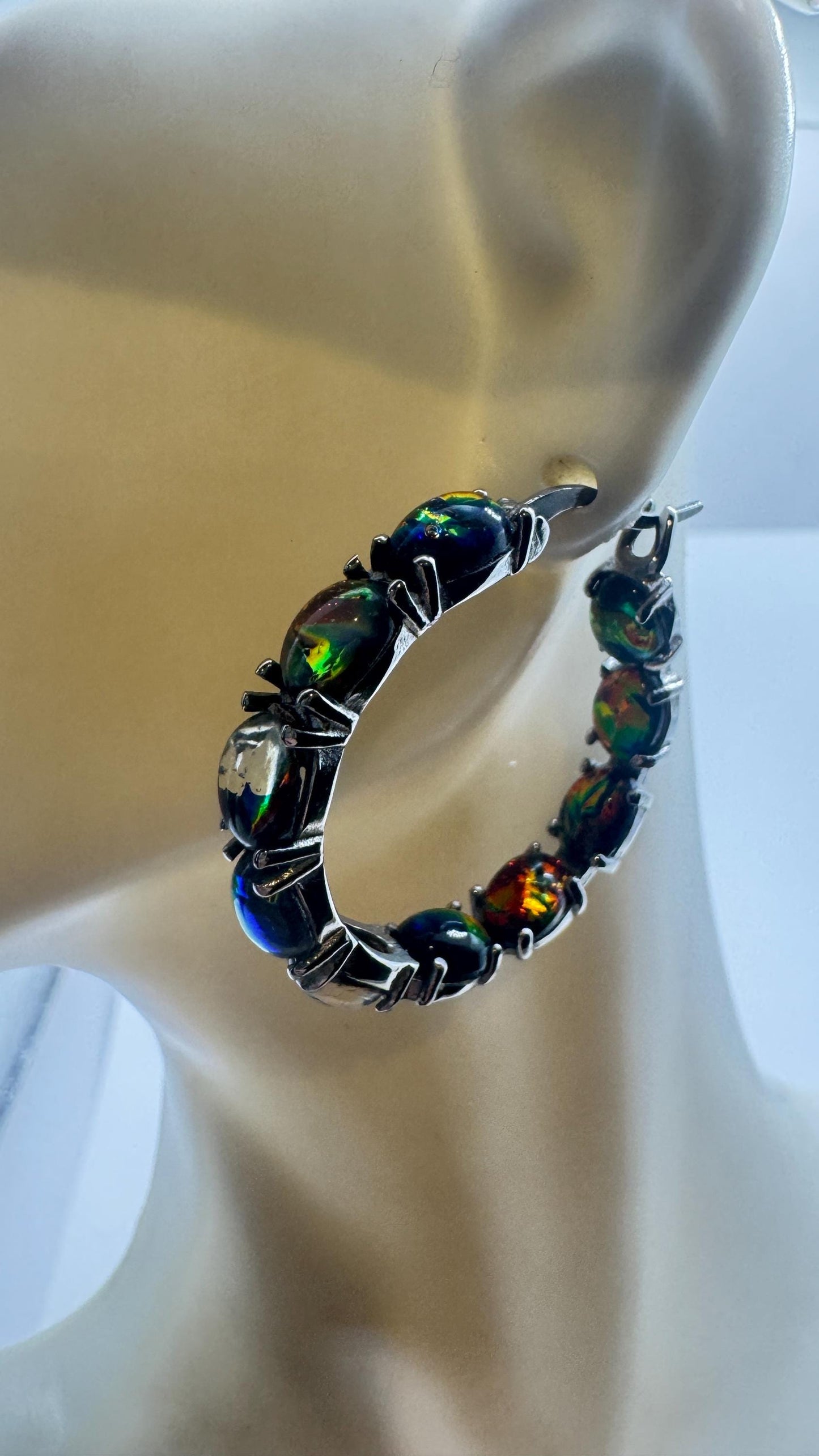 Vintage Black Opal Hoop Earrings 925 Sterling Silver dangle