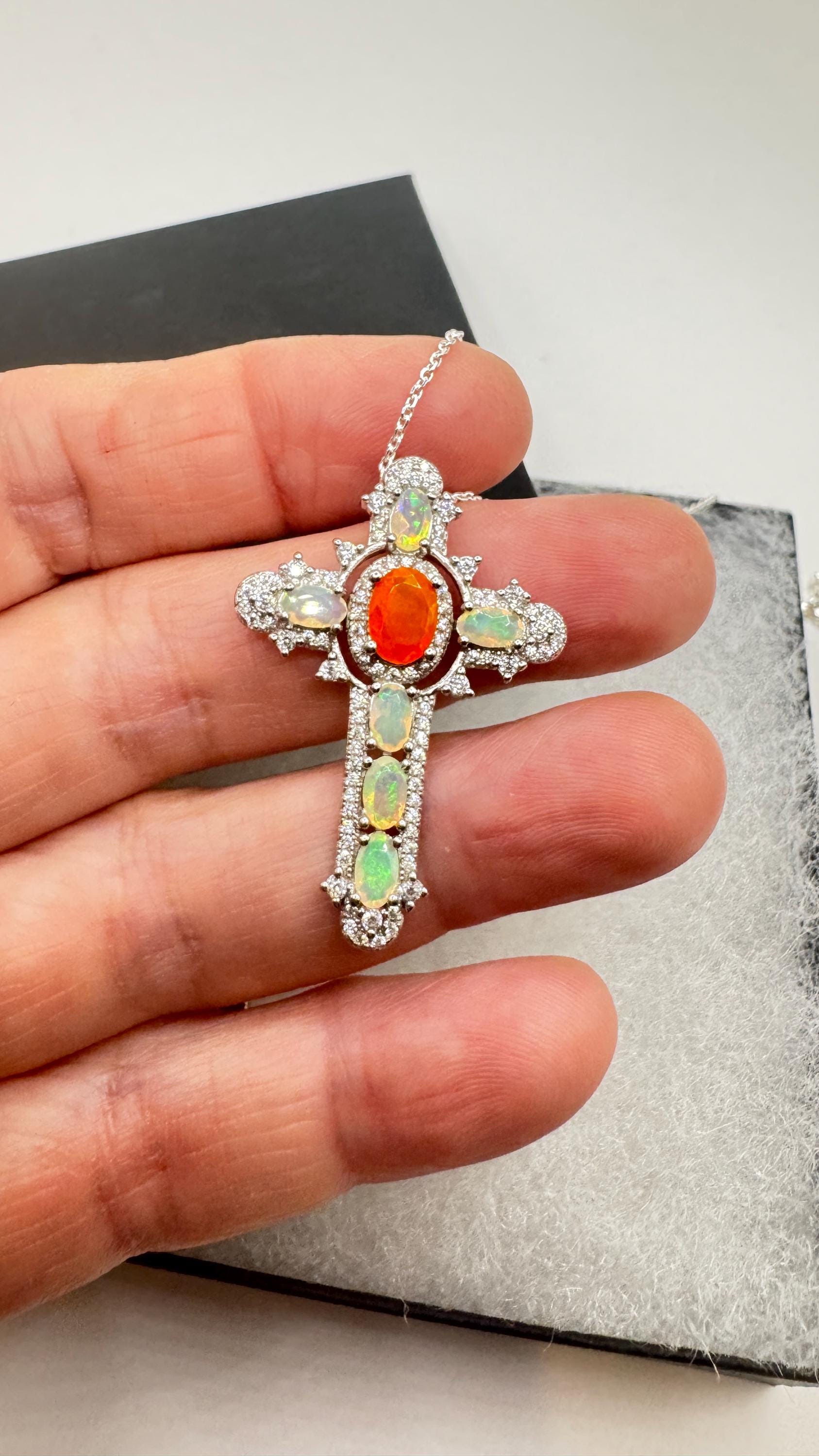 Vintage Fire Opal Cross Choker 925 Sterling Silver Pendant Necklace