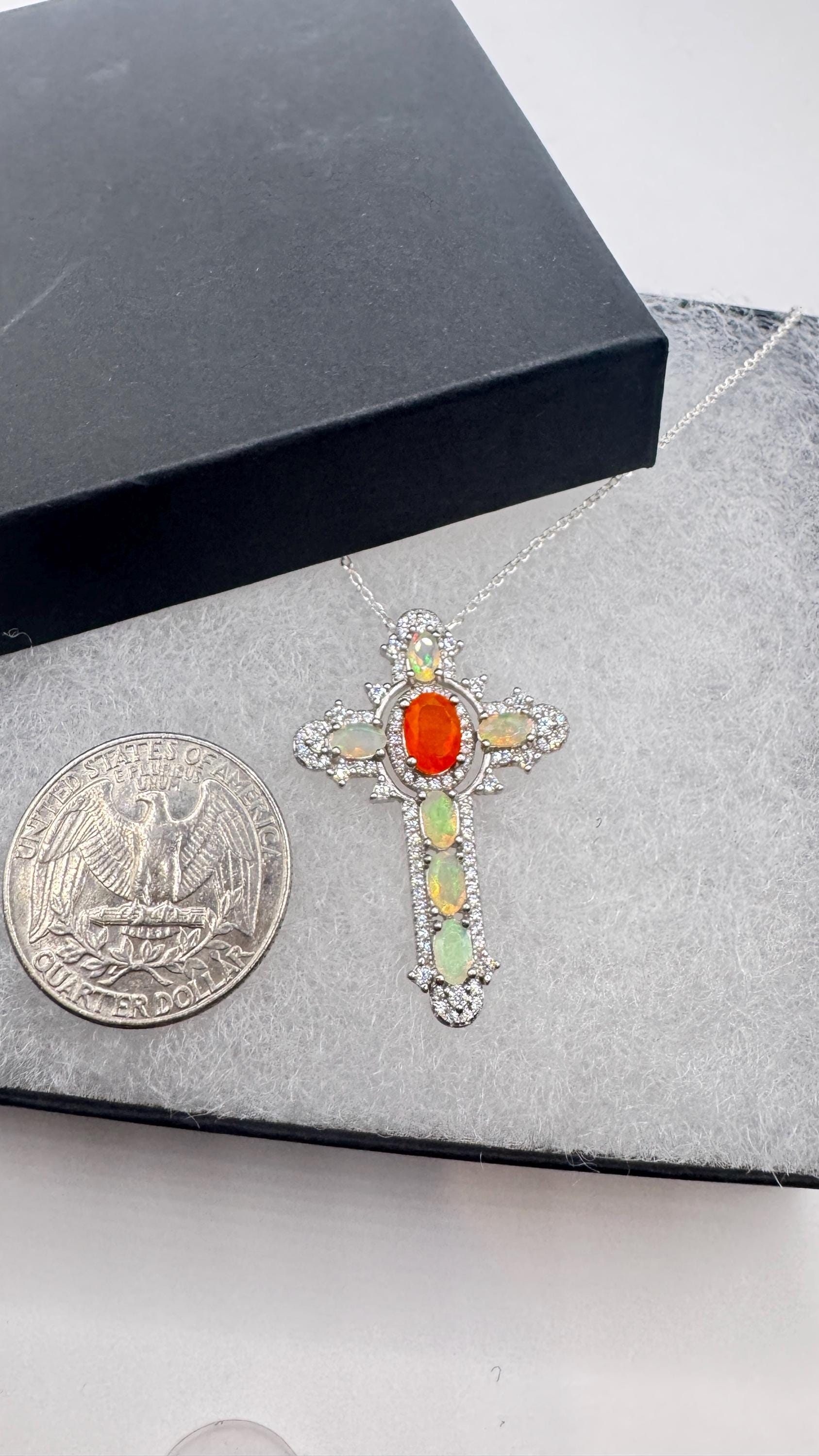 Vintage Fire Opal Cross Choker 925 Sterling Silver Pendant Necklace