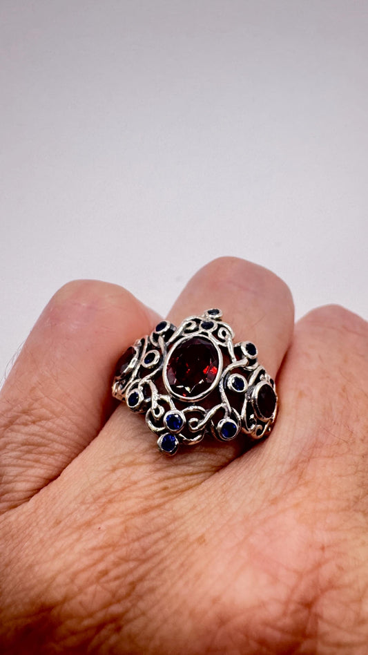 Vintage Garnet Sapphire Ring 925 Sterling Silver