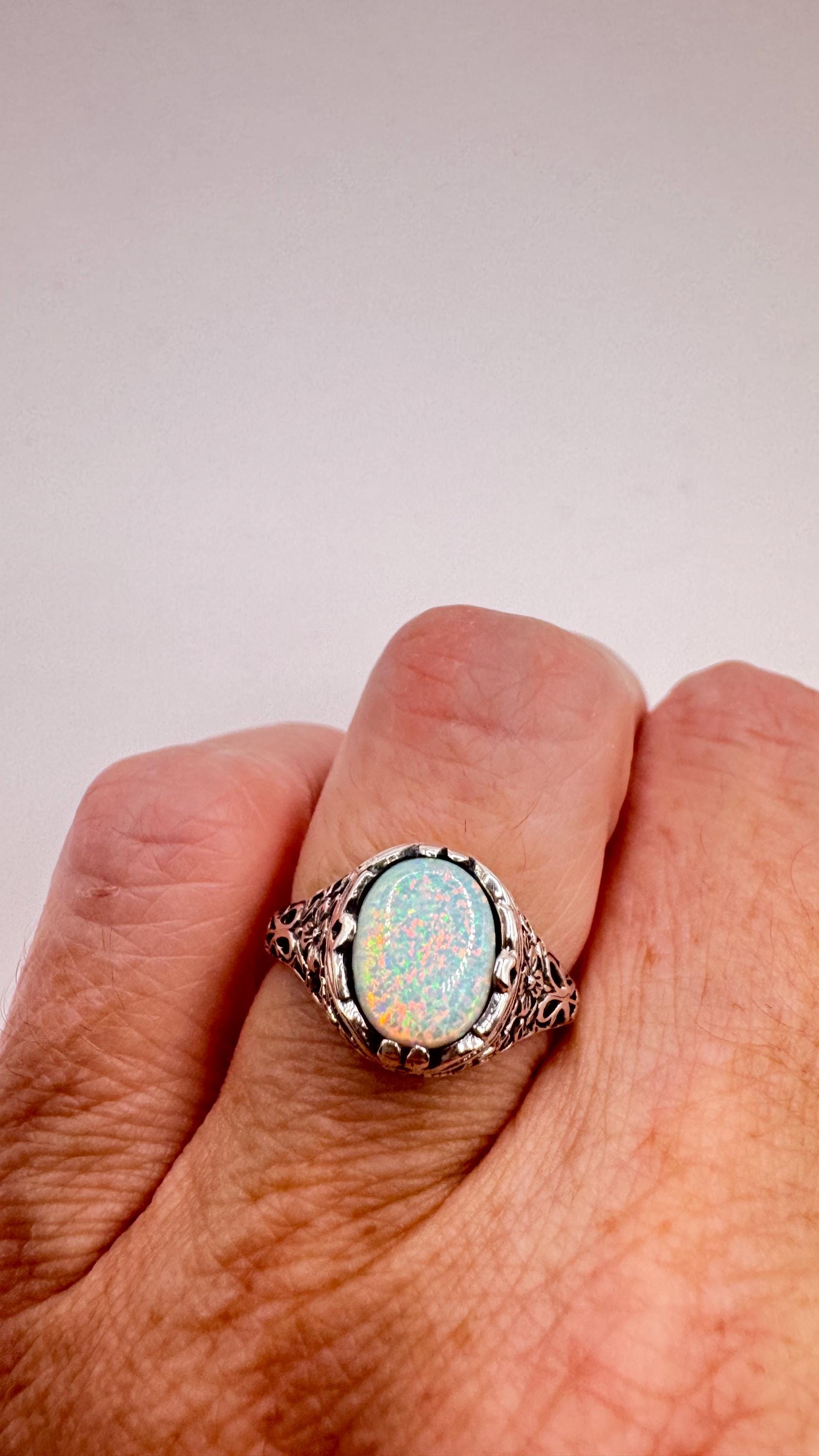 Vintage White Fire Opal Ring 925 Sterling Silver
