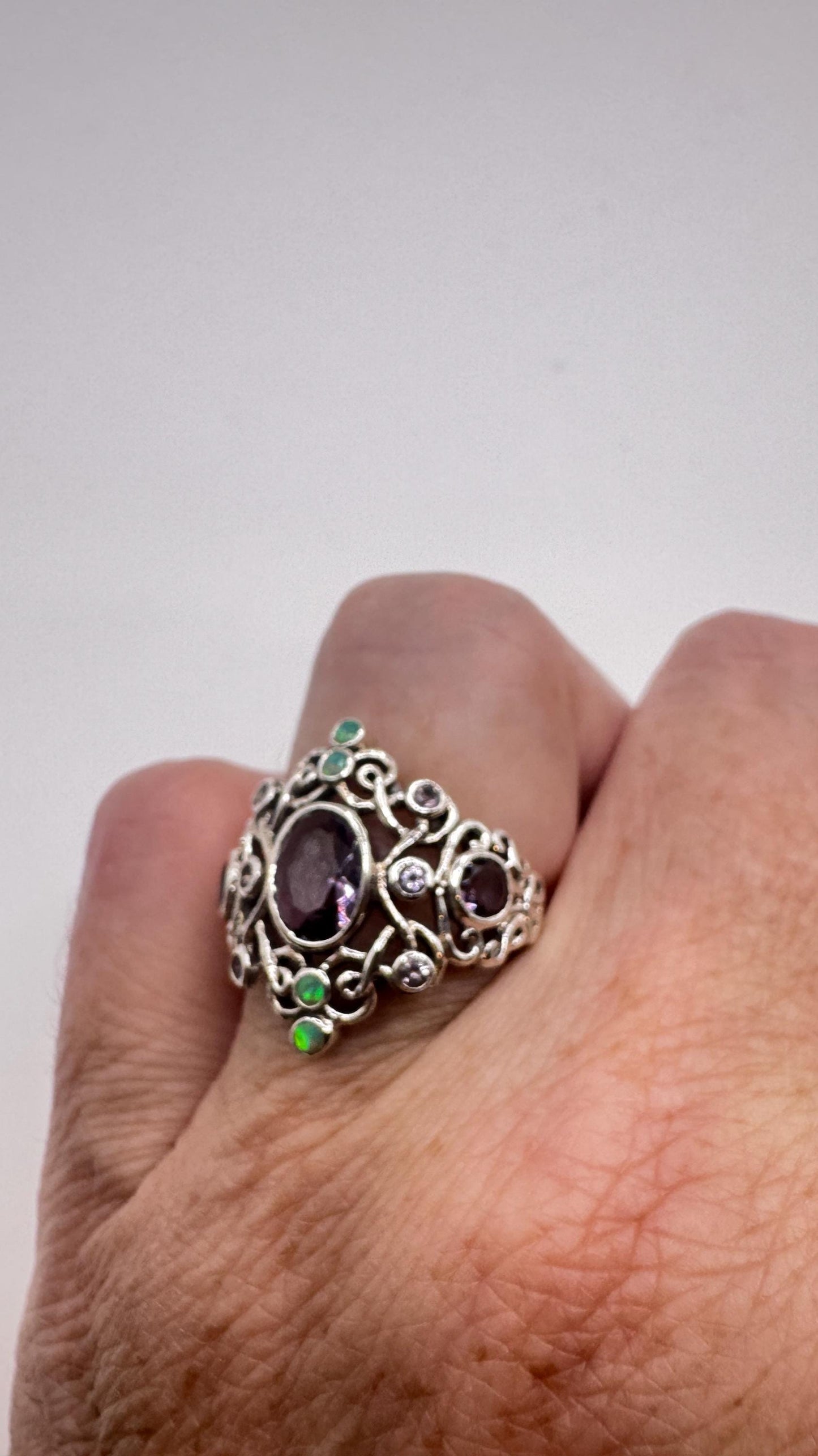 Vintage Amethyst White Fire Opal Ring 925 Sterling Silver