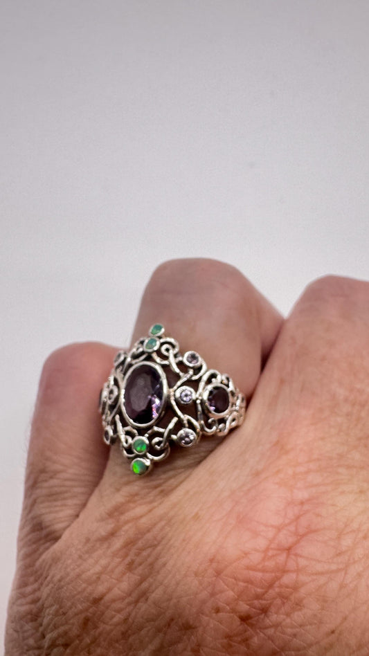 Vintage Amethyst White Fire Opal Ring 925 Sterling Silver