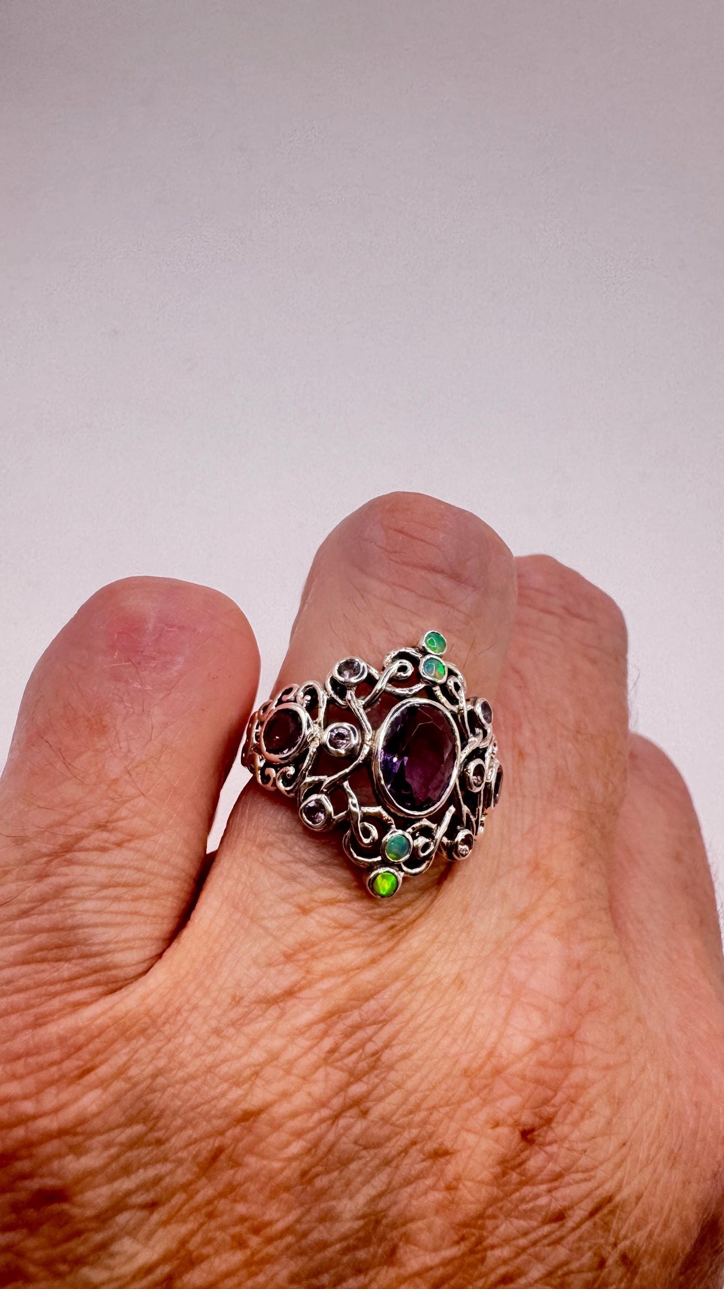 Vintage Amethyst White Fire Opal Ring 925 Sterling Silver