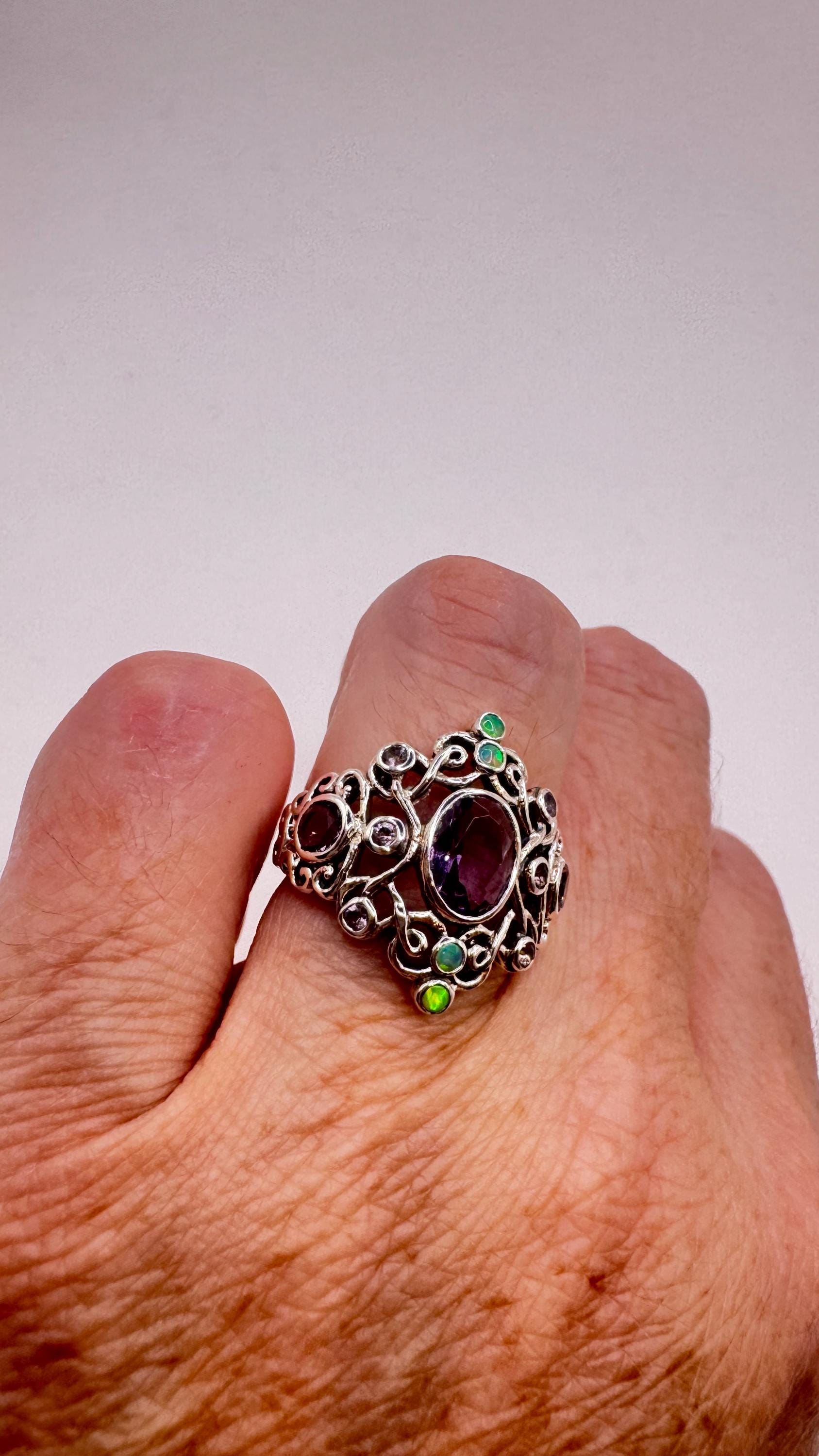 Vintage Amethyst White Fire Opal Ring 925 Sterling Silver