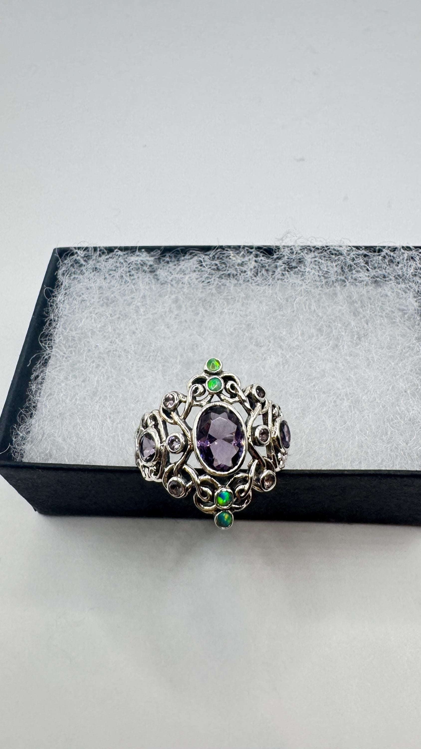 Vintage Amethyst White Fire Opal Ring 925 Sterling Silver