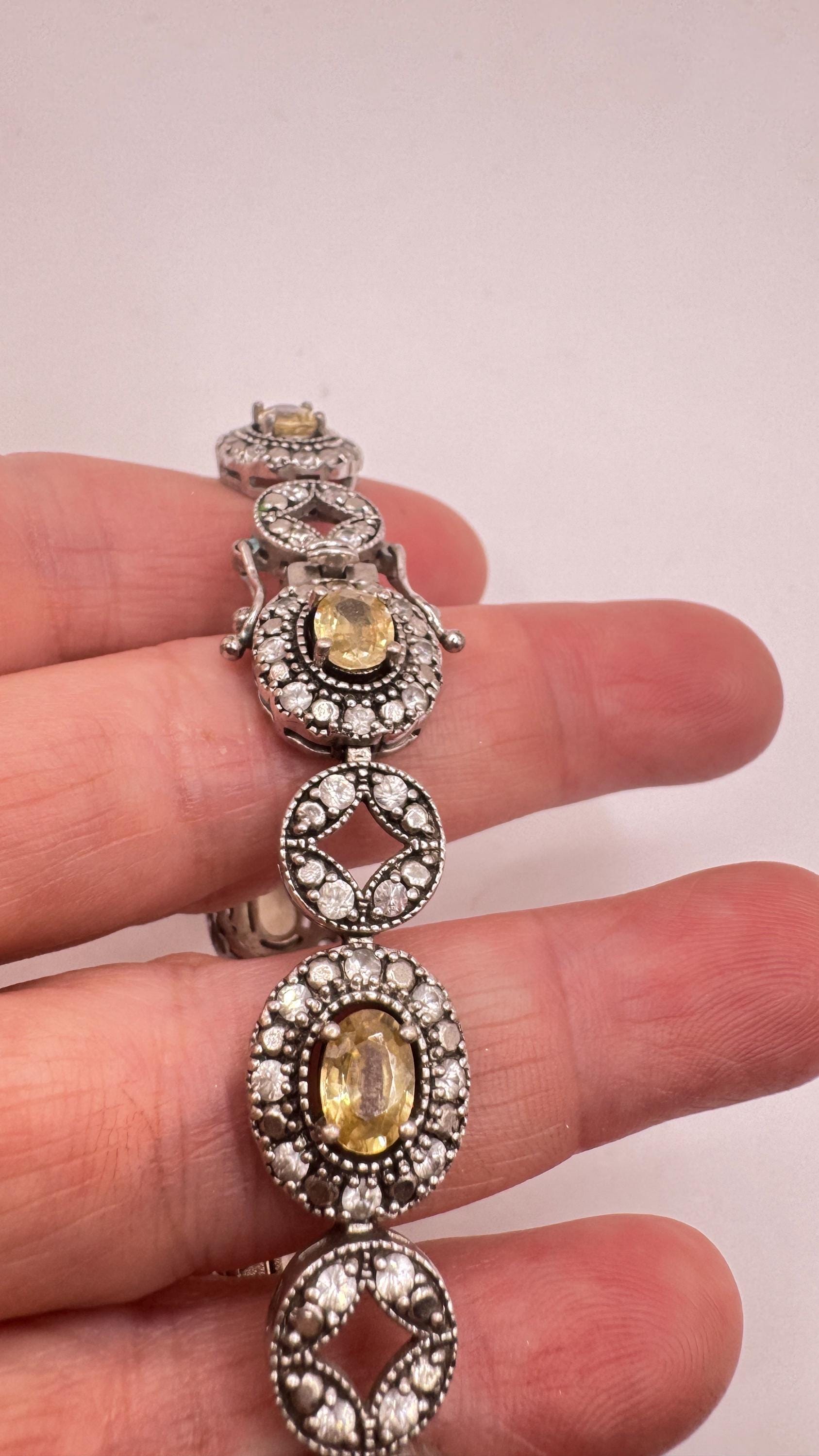 Vintage Gold Citrine Bracelet Deco 925 Sterling Silver Tennis