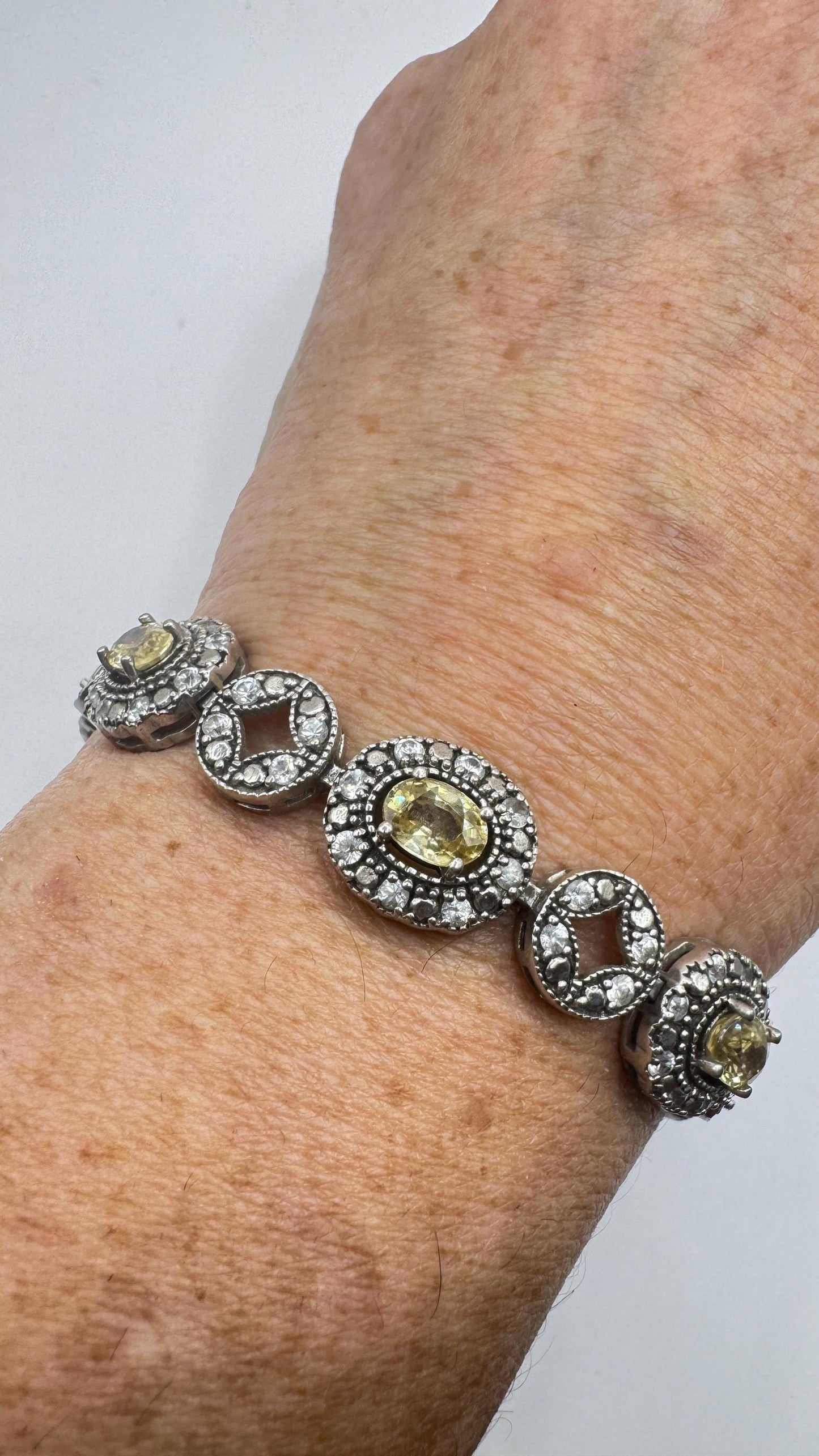 Vintage Gold Citrine Bracelet Deco 925 Sterling Silver Tennis