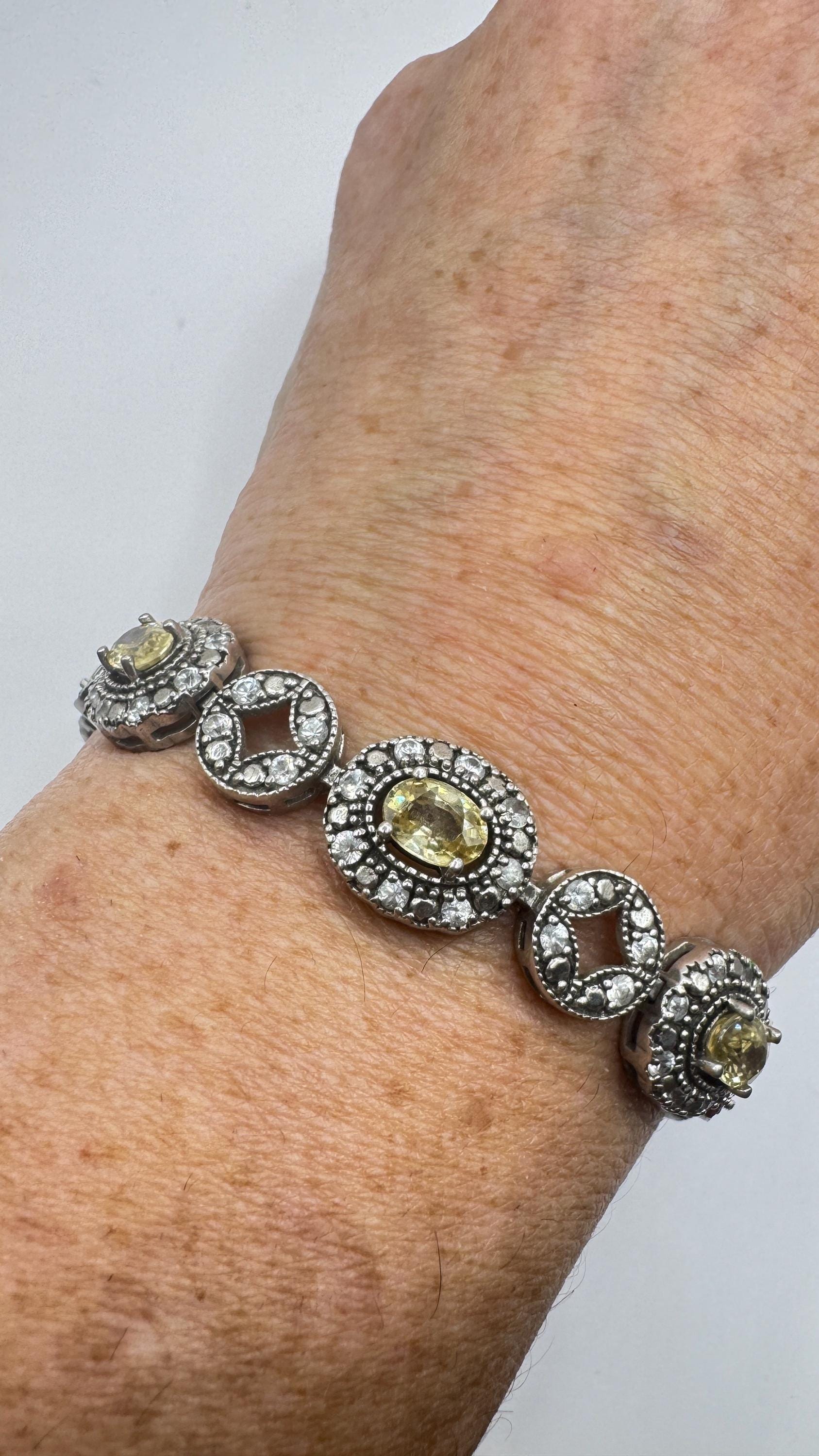 Vintage Gold Citrine Bracelet Deco 925 Sterling Silver Tennis