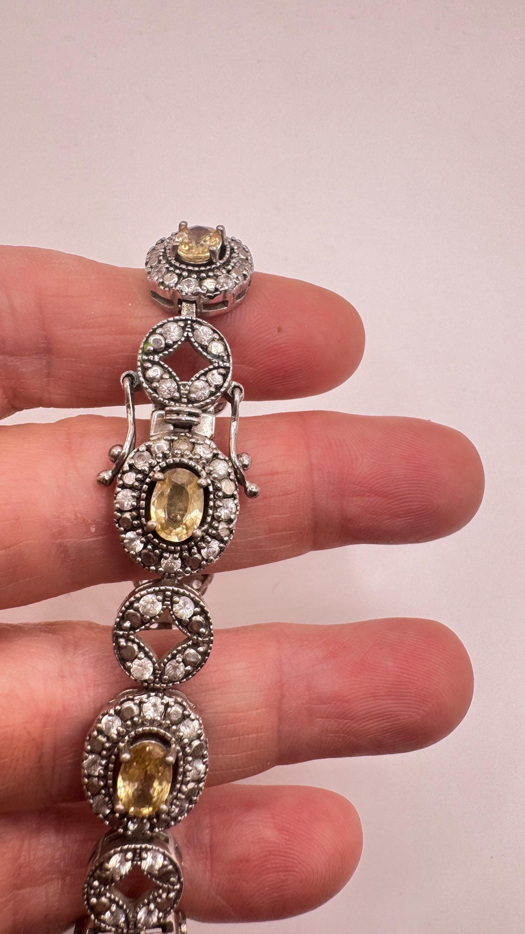 Vintage Gold Citrine Bracelet Deco 925 Sterling Silver Tennis