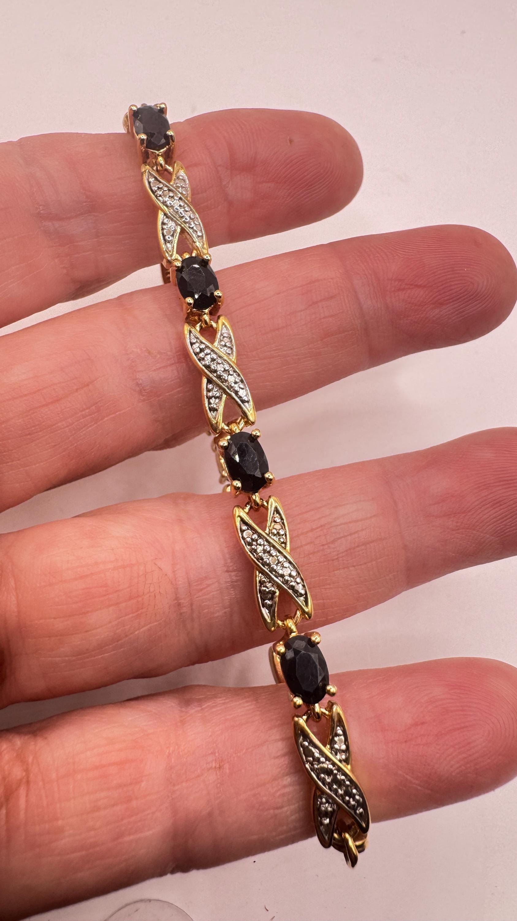 Vintage Blue Sapphire Bracelet Golden 925 Sterling Silver Tennis