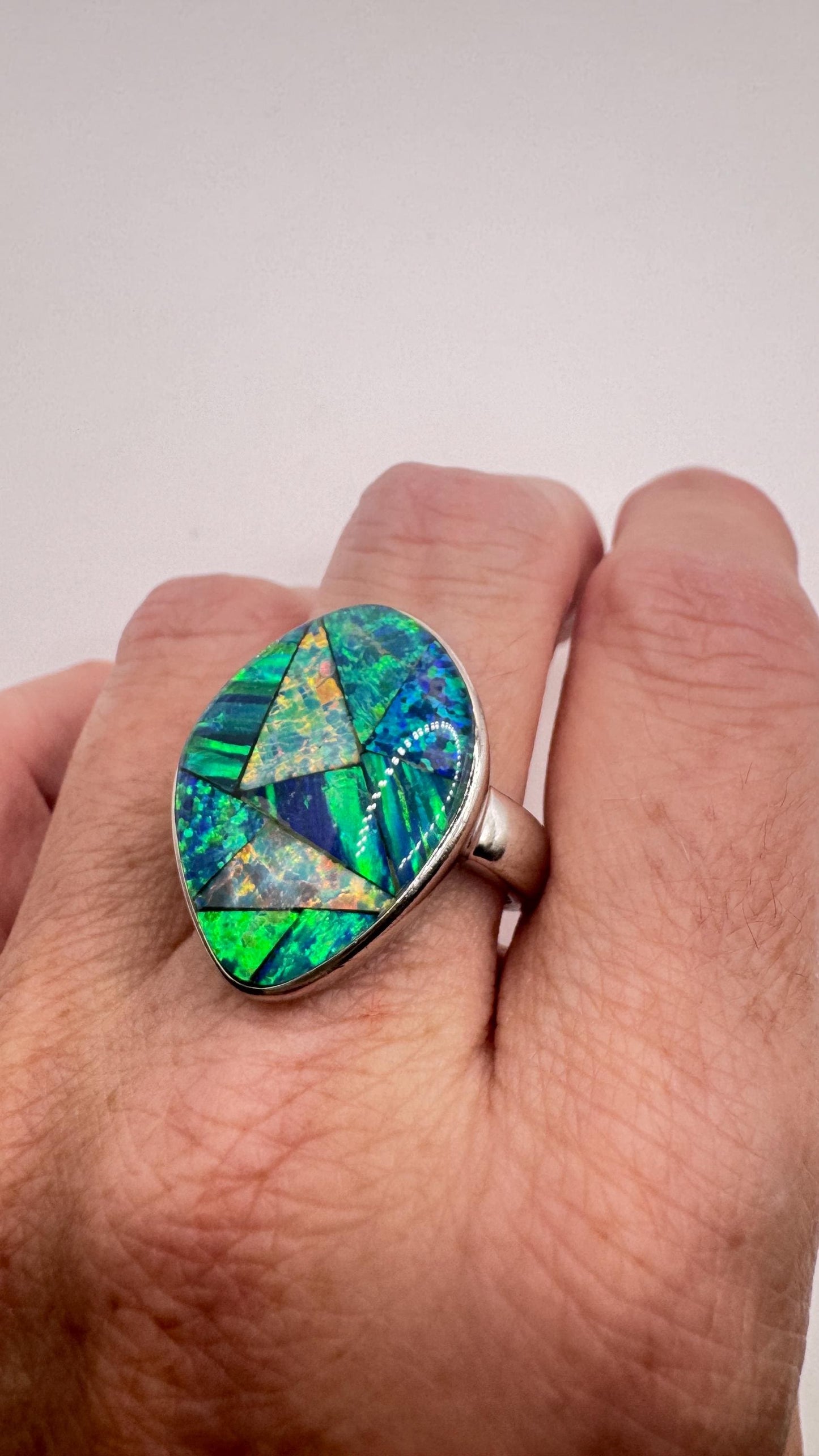 Vintage Blue Fire Opal Mosaic 925 Sterling Silver Inlay Ring Size 10