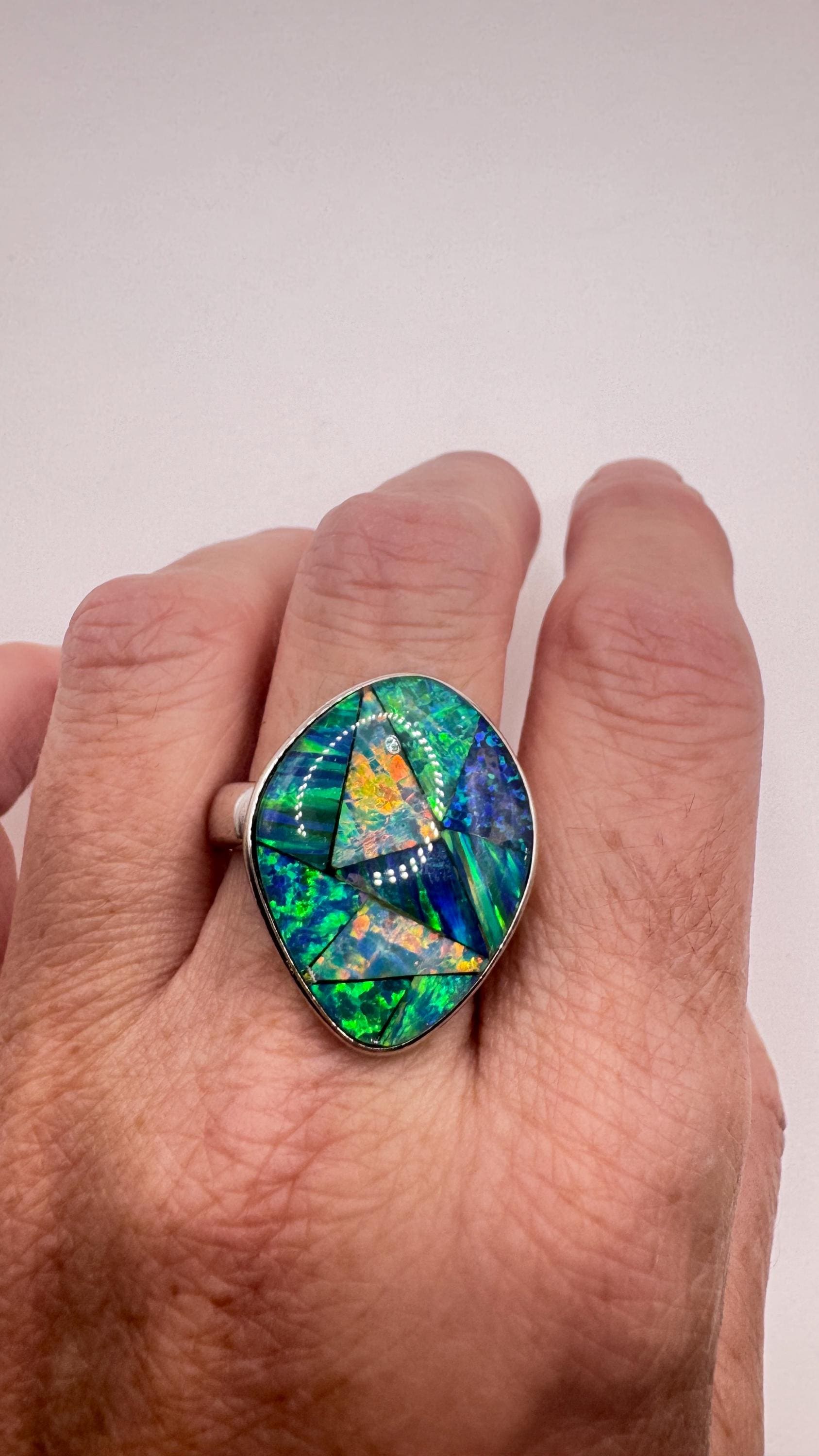 Vintage Blue Fire Opal Mosaic 925 Sterling Silver Inlay Ring Size 10