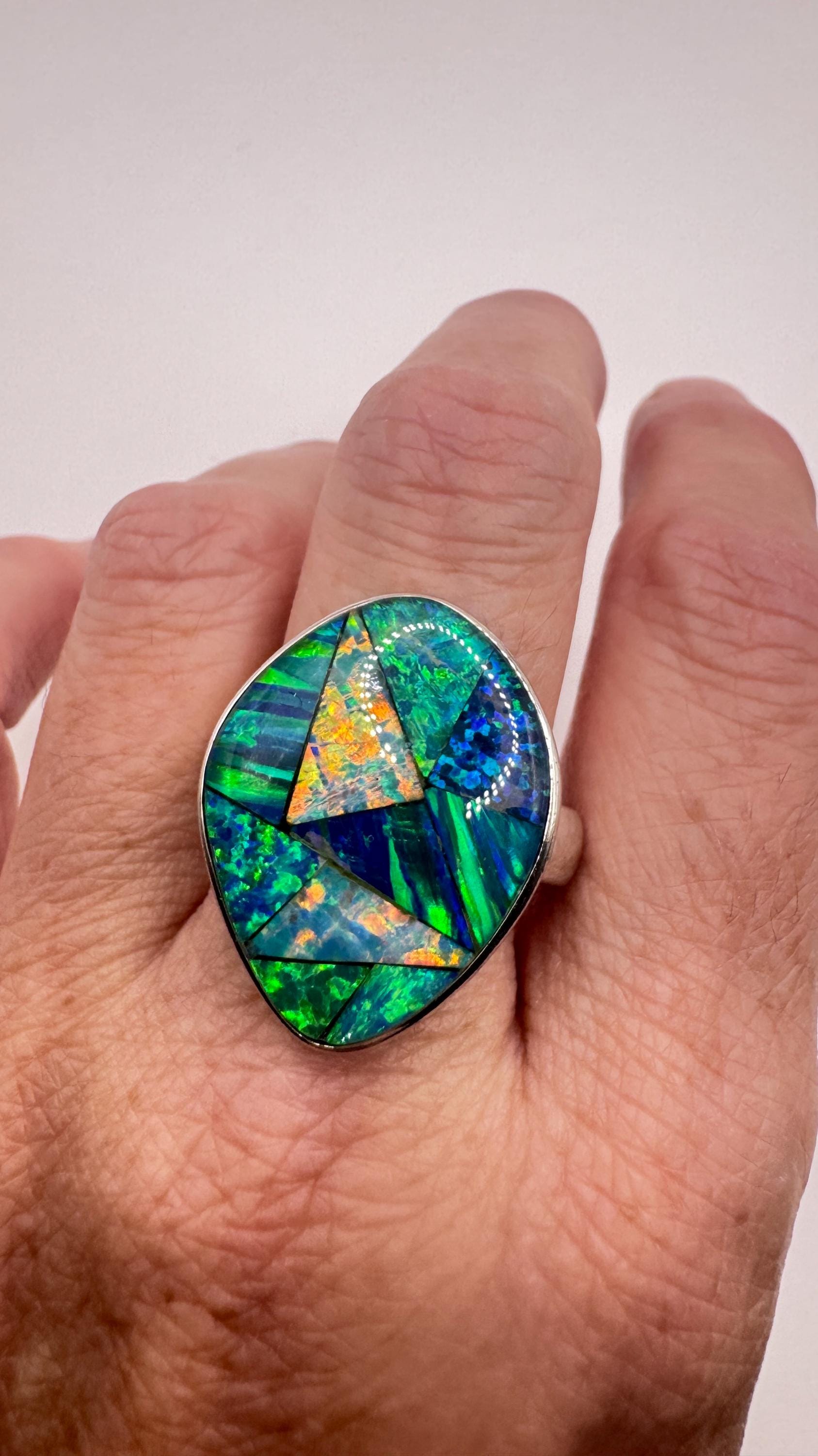 Vintage Blue Fire Opal Mosaic 925 Sterling Silver Inlay Ring Size 10